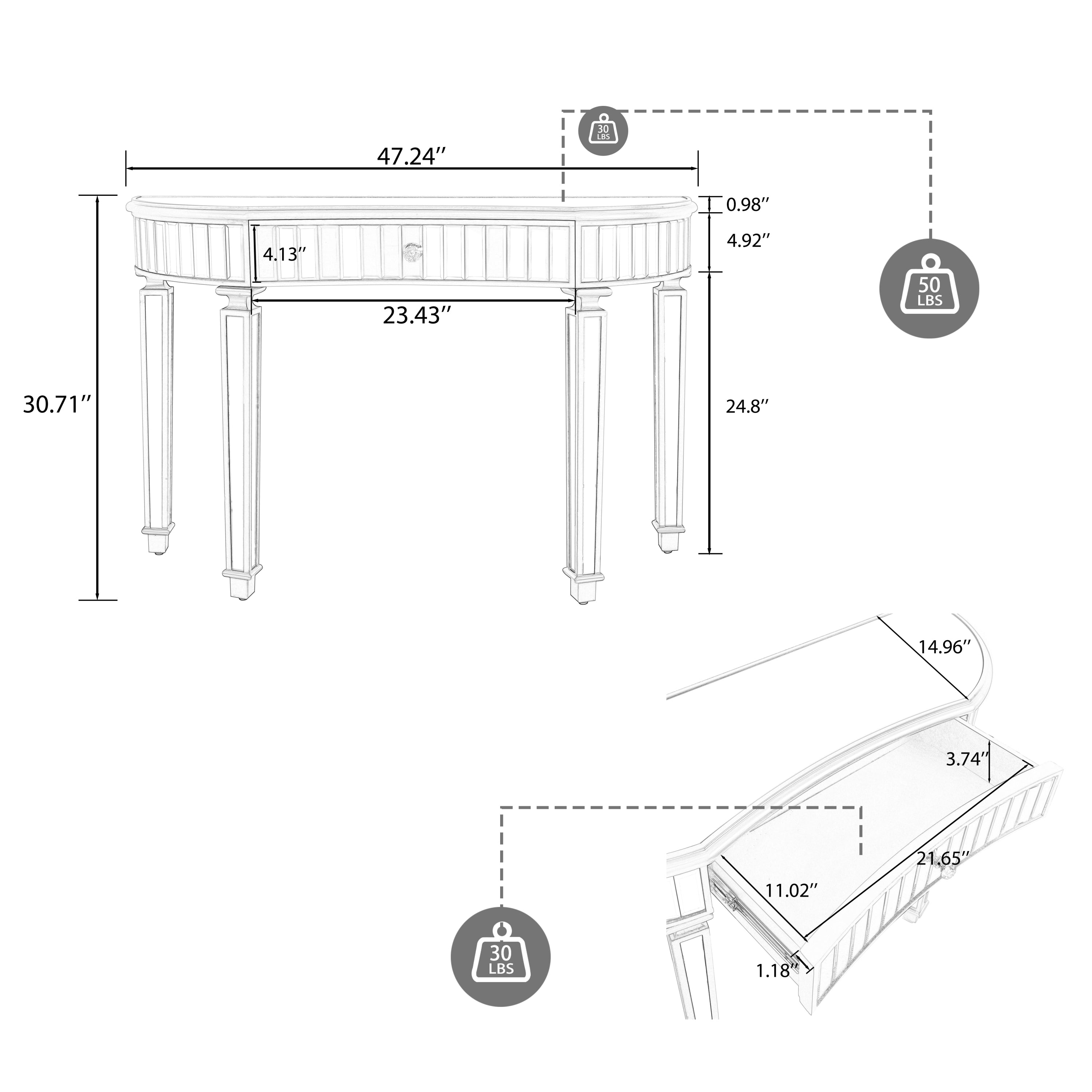 47' Half-Moon Mirrored Console Table with Fluted Glass & Crystal Knob Drawer - Silver Entryway Vanity Desk for Bedroom/Dressing Room(Grey+Sliver)