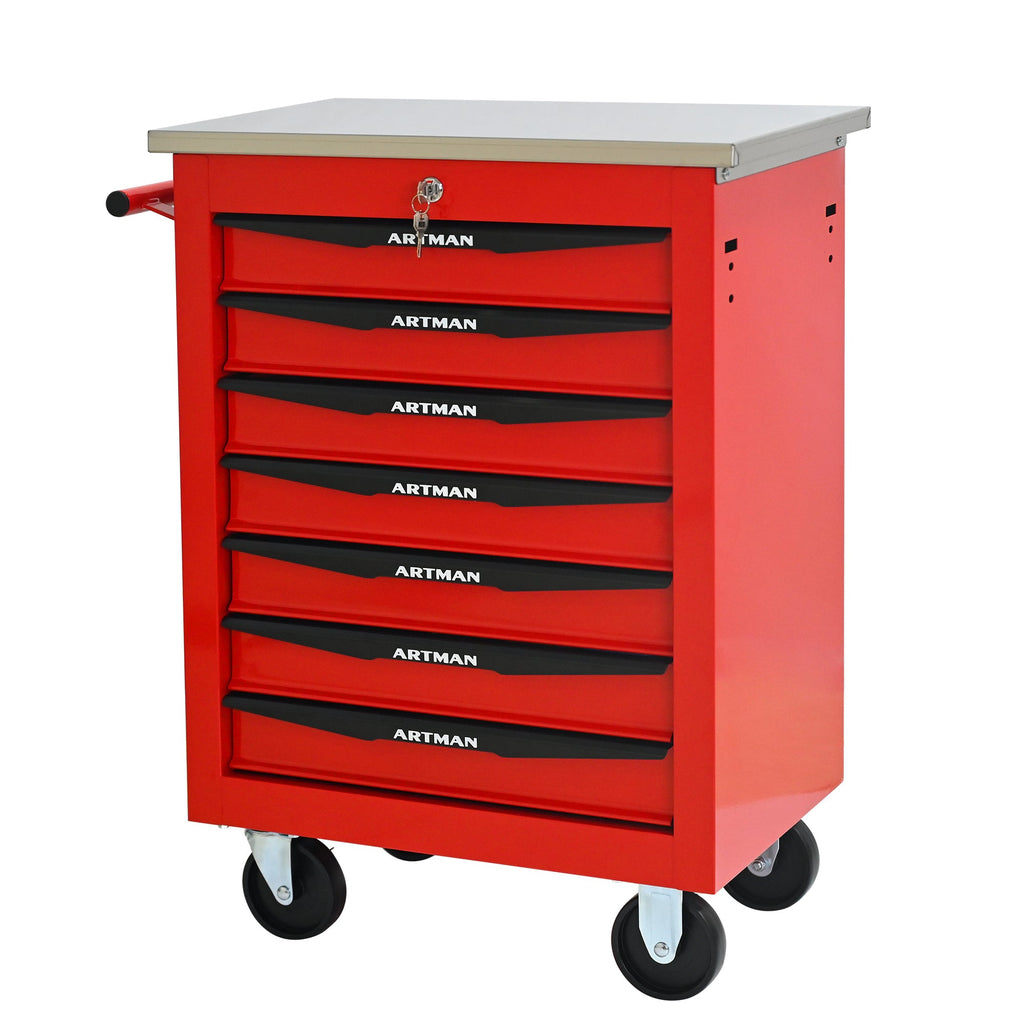 7 Drawers Multifunctional Tool Cart with Wheels,Metal Rolling Tool Cart Storage for Garage Workshop Warehouse Repair Shop--With Stainless Steel Roof- Red&Black