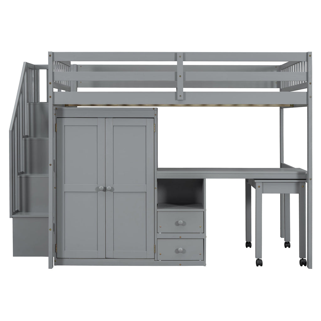 Full Size Loft Bed with Stairs, Bookshelf, Drawers, Desk & Wardrobe – Space-Saving Multifunctional Furniture for Kids & Teens-Gray