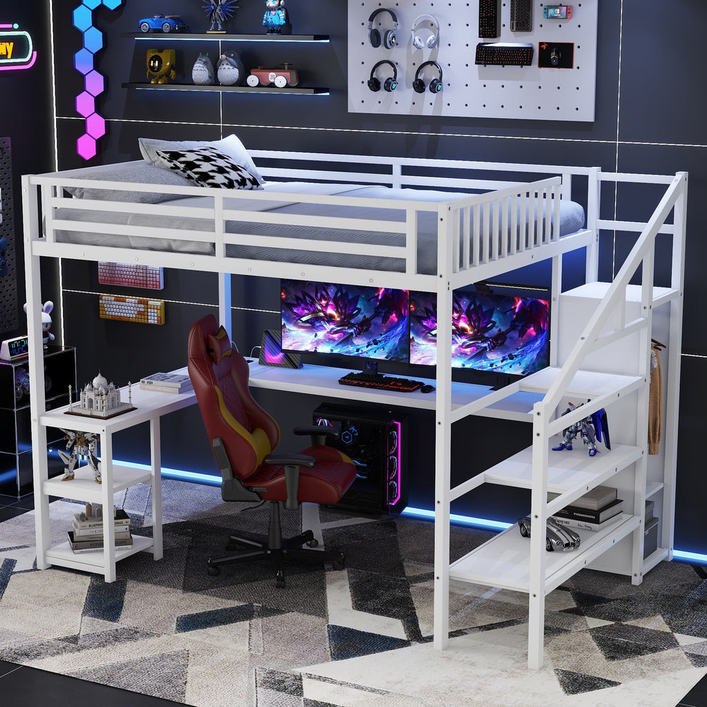 Metal Queen Loft Bed with Wardrobe and LED Light, Queen Size Loft Bed with L Shaped Desk and USB for Kids Teens Adults, White