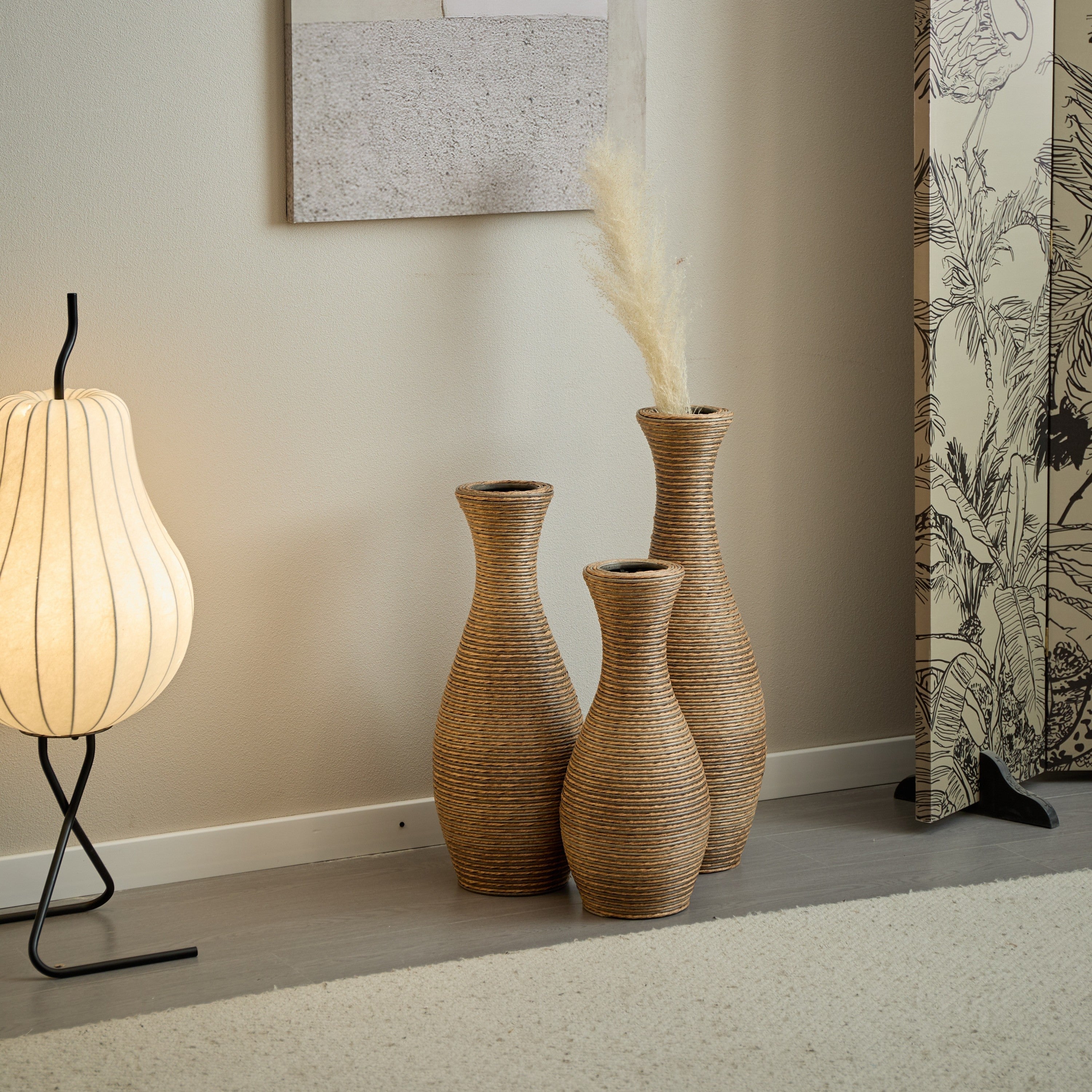 3-Piece Artificial Rattan Floor Vase Set – Decorative Accent for Living Room, Hallway & Entryway, Ideal for Dried or Silk Flower Arrangements, Beige