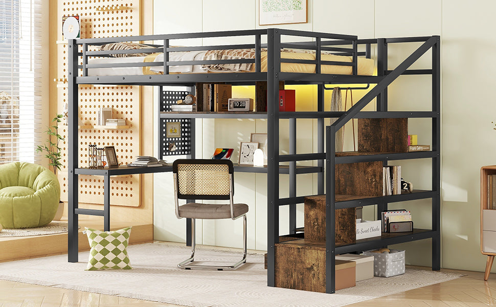Full Size Loft Bed with LED Light & Charge Station, Metal Loft Bed with Desk and Staircase, Loft bed with Wardrobe for Kids, Black (Expect Arrival Date 2025/4/30)