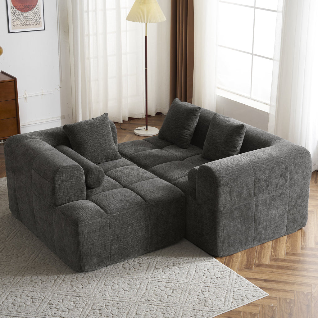 Modern Grey Modular Sectional Sofa with Deep Seating and Side Pockets in Chenille Fabric