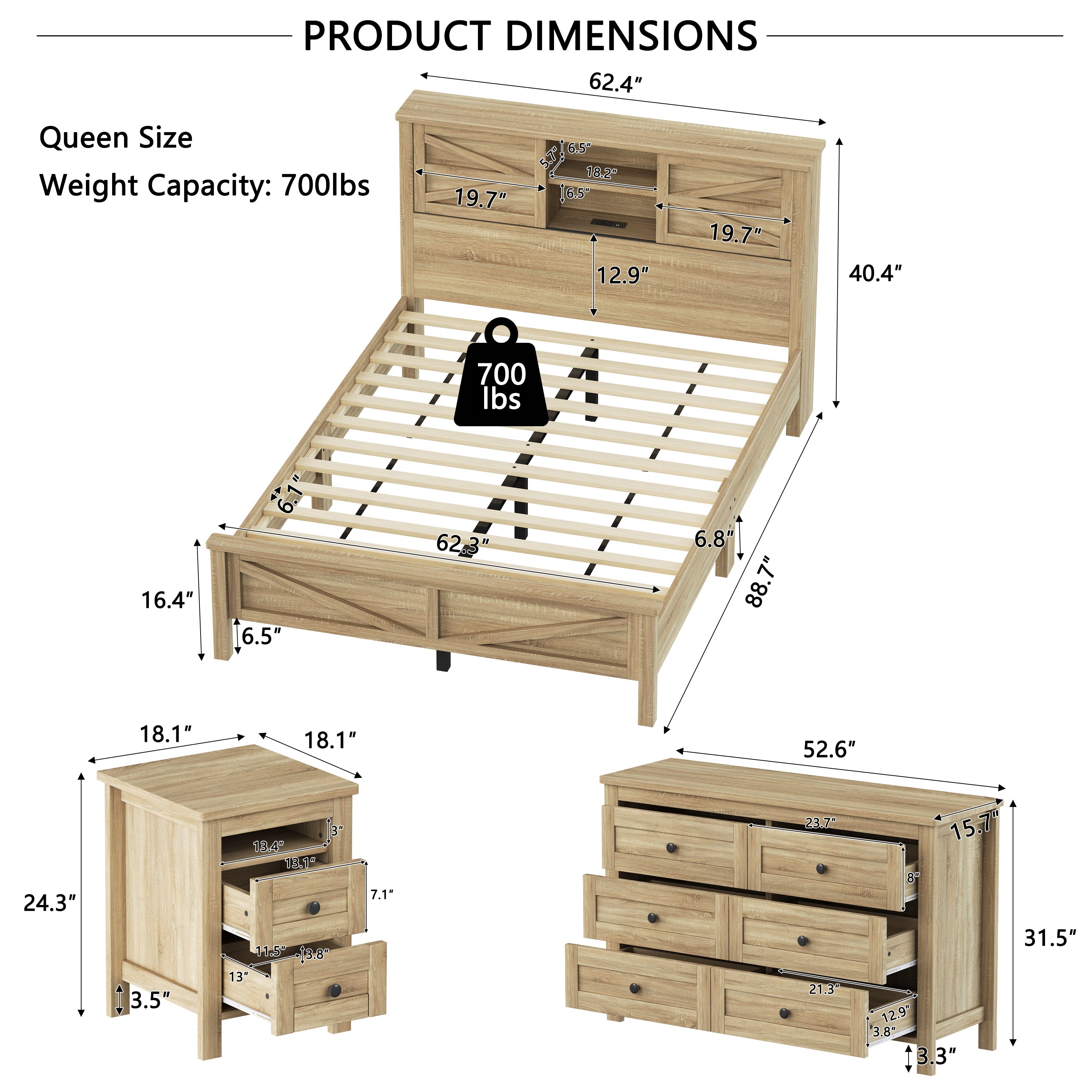3-Pieces Bedroom Sets Queen Size Farmhouse Platform Bed with Double Sliding Door Storage Headboard and Charging Station, Storage Nightstand and Dresser, Natural