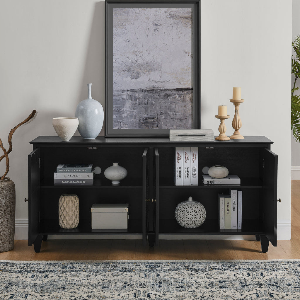 65.2' Mid Century Modern Sideboard Buffet Cabinet with Storage, Symmetrical Geometric Accent Coffee Bar Wine Bar Storage Cabinet, Large Console Table for Living Room/Entryway/Kitchen, Black