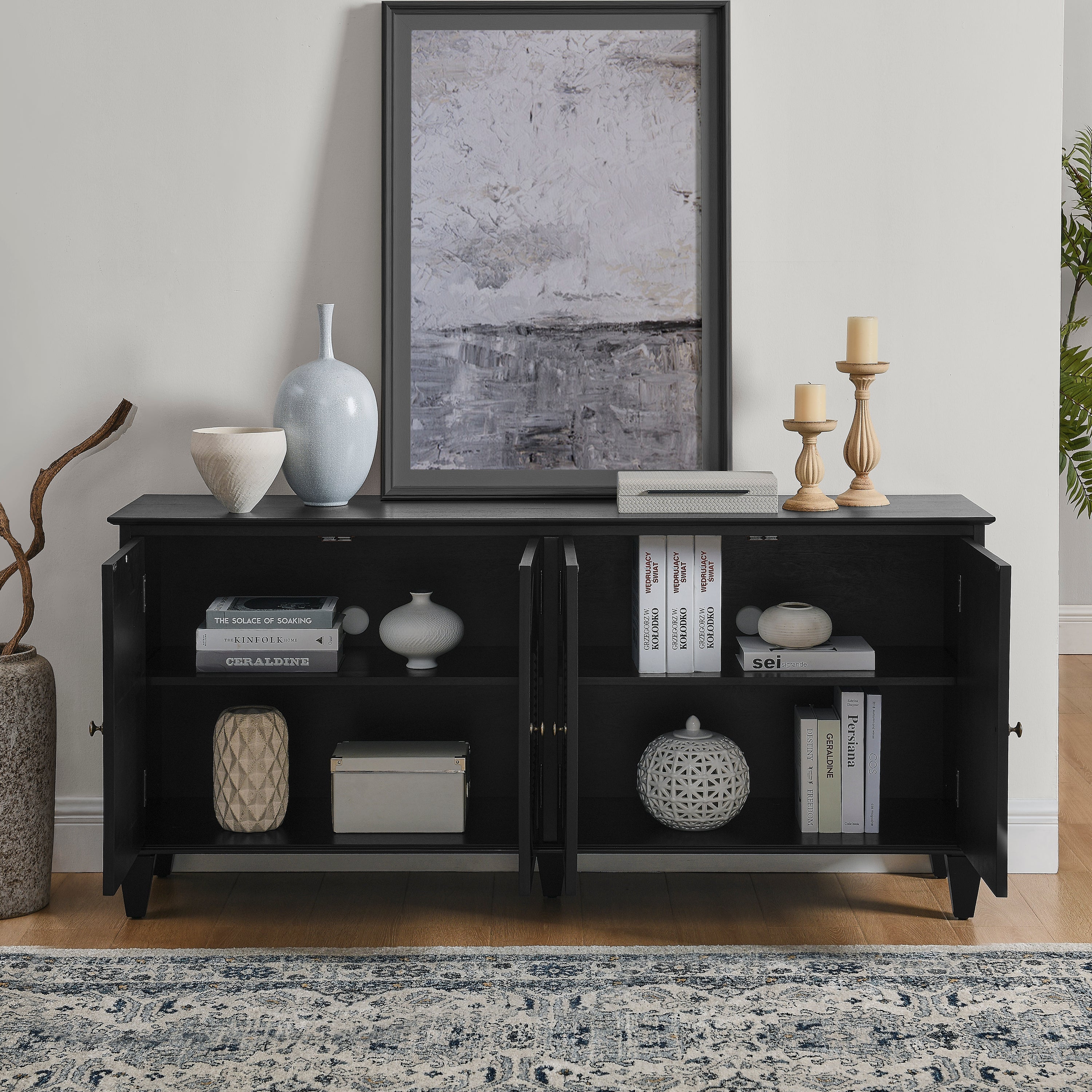 65.2' Mid Century Modern Sideboard Buffet Cabinet with Storage, Symmetrical Geometric Accent Coffee Bar Wine Bar Storage Cabinet, Large Console Table for Living Room/Entryway/Kitchen, Black