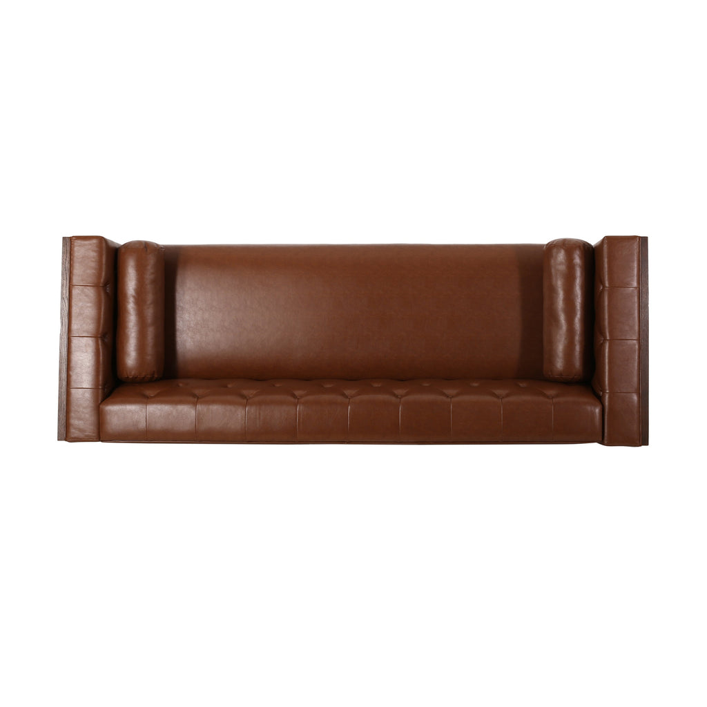 Contemporary 3-Seater Sofa with Tufted Design in Light Brown PU and Wood Accents