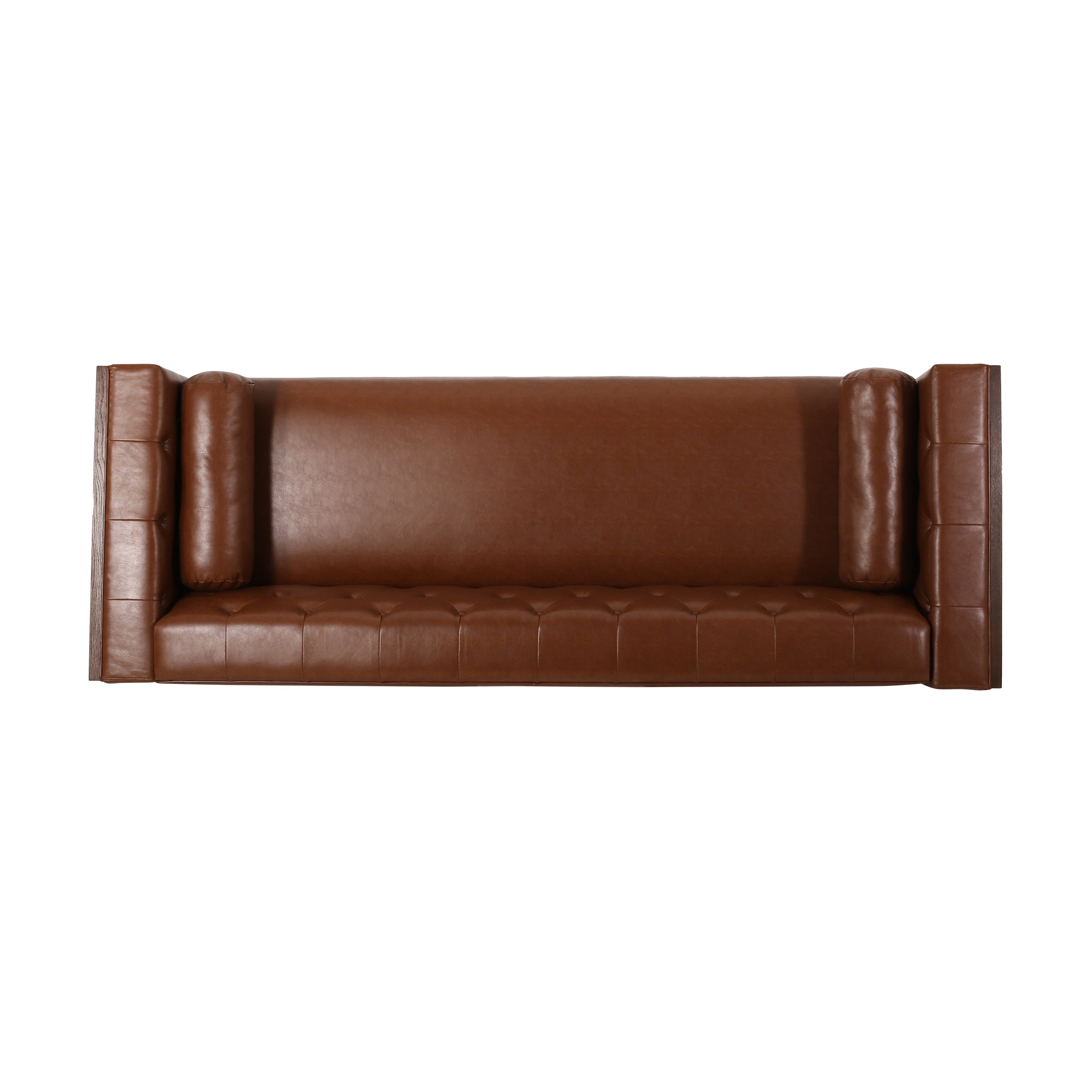 Contemporary 3-Seater Sofa with Tufted Design in Light Brown PU and Wood Accents