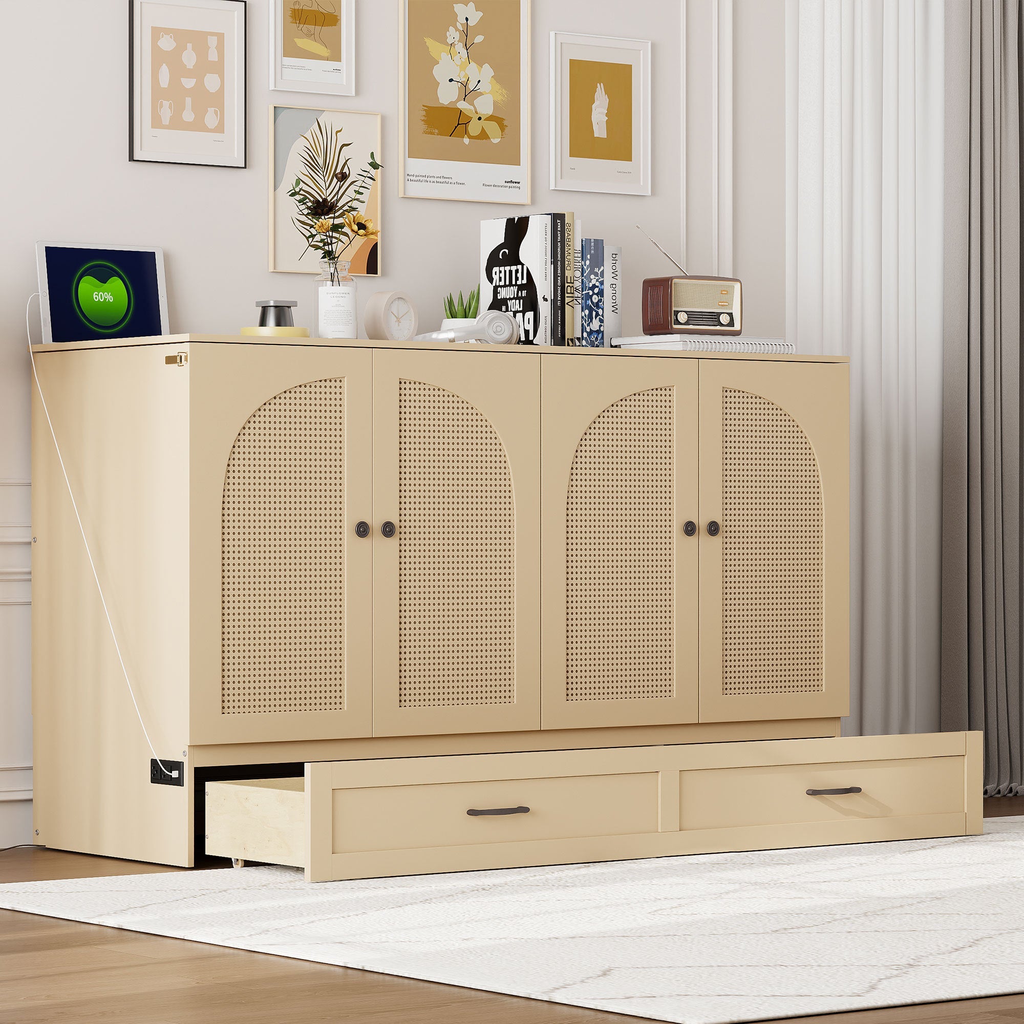 Queen Size Murphy Bed with Large Drawers, Gold