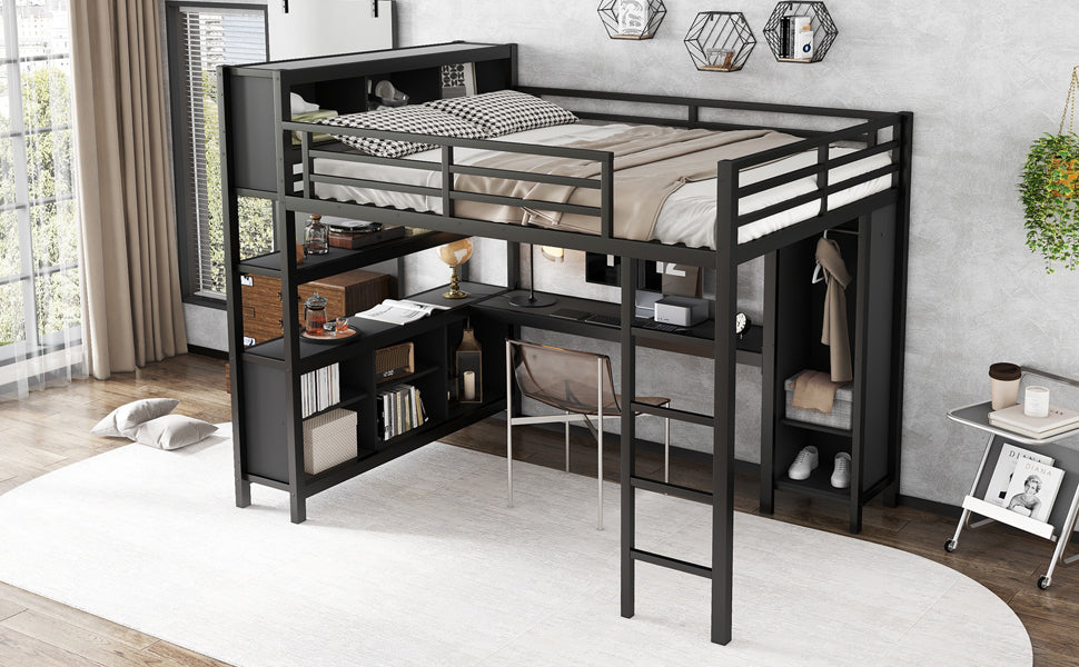 Metal Loft Bed with Wardrobe And L-shaped Desk, Queen Size Loft Bed with Storage Cubes and Shelves, Heavy Duty Loft Bed for Kids Teens Adults, Black