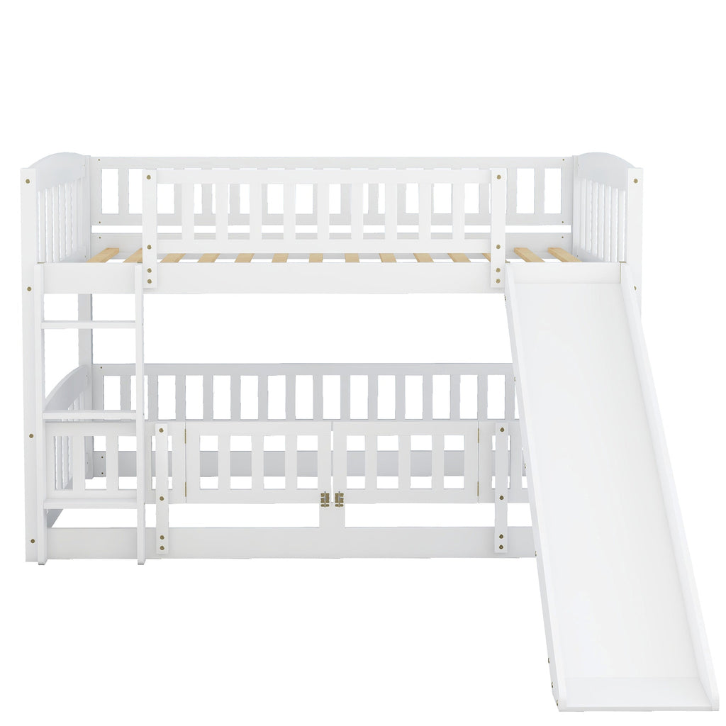 Bunk Bed with Slide,Twin Over Twin Low Bunk Bed with Fence and Ladder for  Kids Teens White