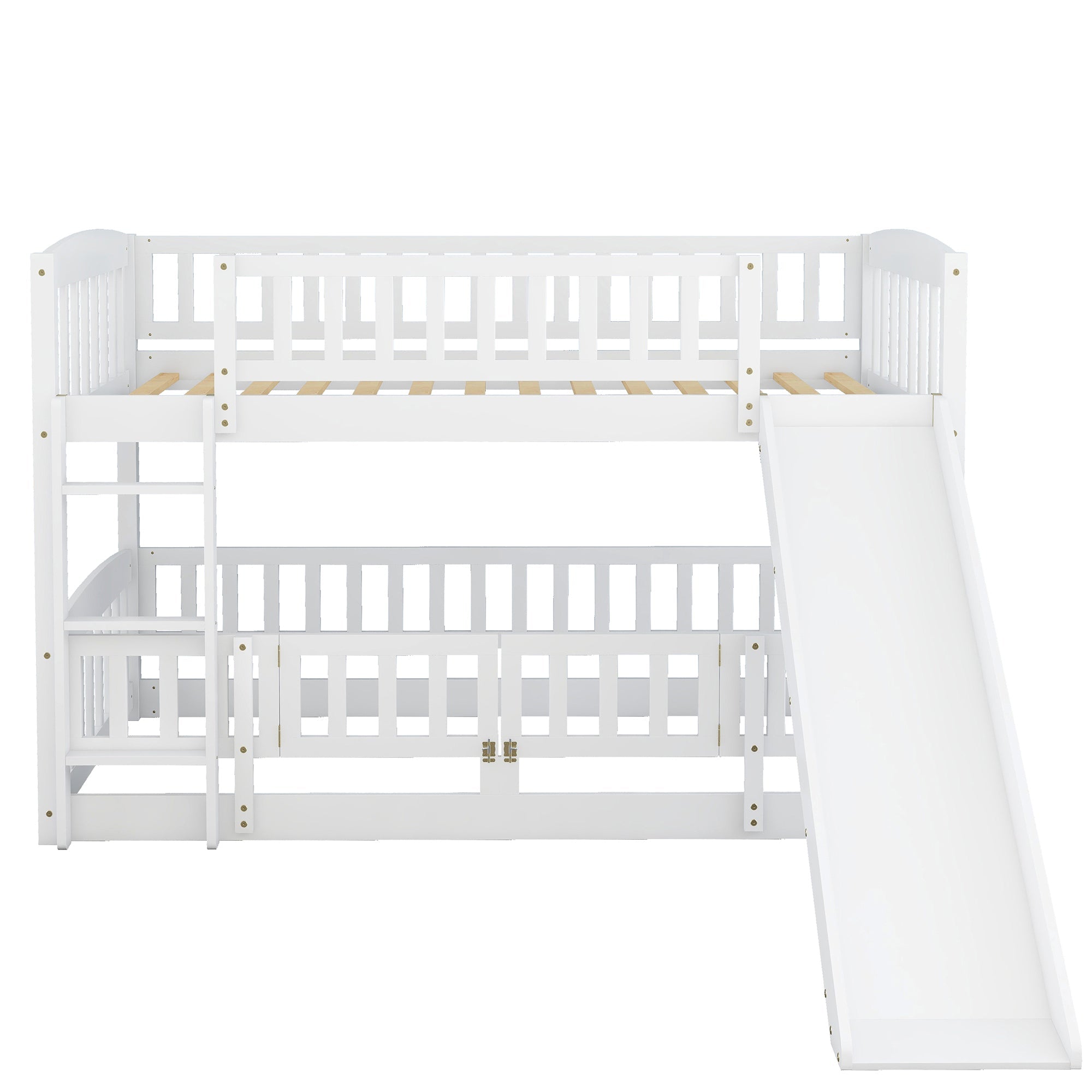 Bunk Bed with Slide,Twin Over Twin Low Bunk Bed with Fence and Ladder for  Kids Teens White