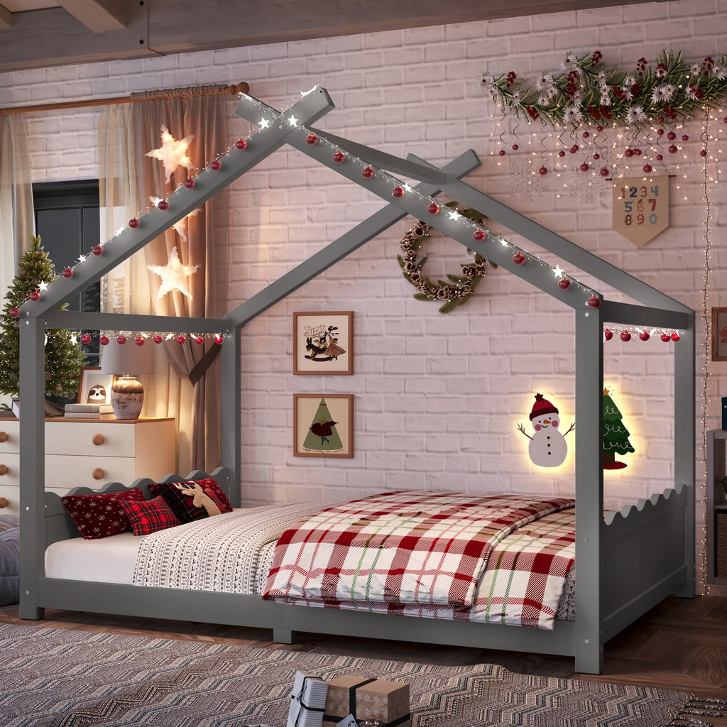 Full House Floor Bed with Support Slats, Solid Wood House Bed Frame for Kids, No Box Spring Needed and Opening Constructure, Gray