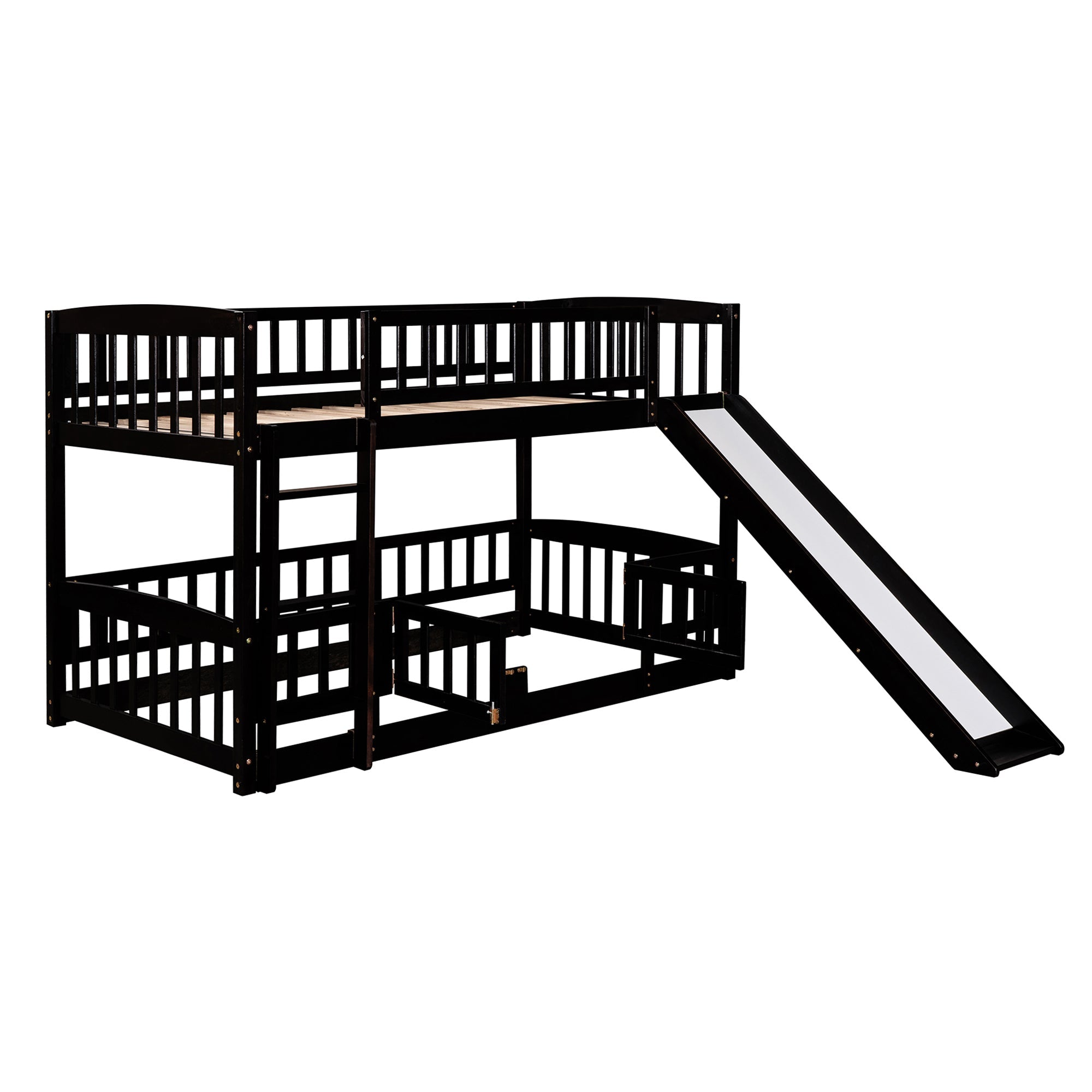 Bunk Bed with Slide,Twin Over Twin Low Bunk Bed with Fence and Ladder for Kids Teens Espresso
