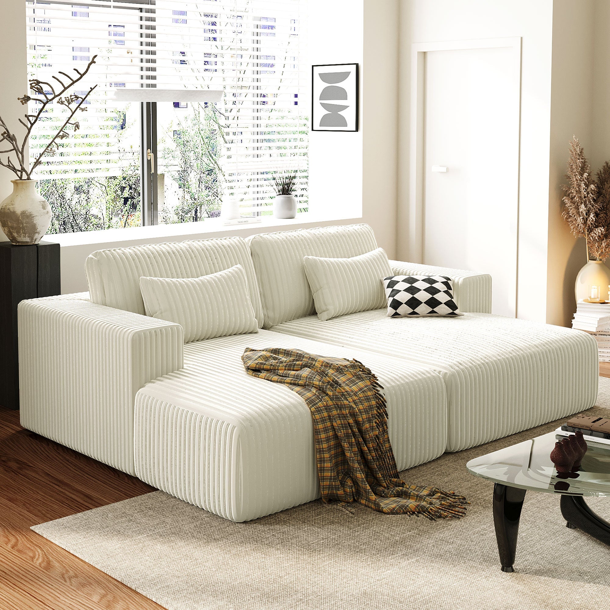 U_Style Corduroy Double Sofa Bed with 2 Pillows, Perfect for Living Rooms, Apartments, Offices