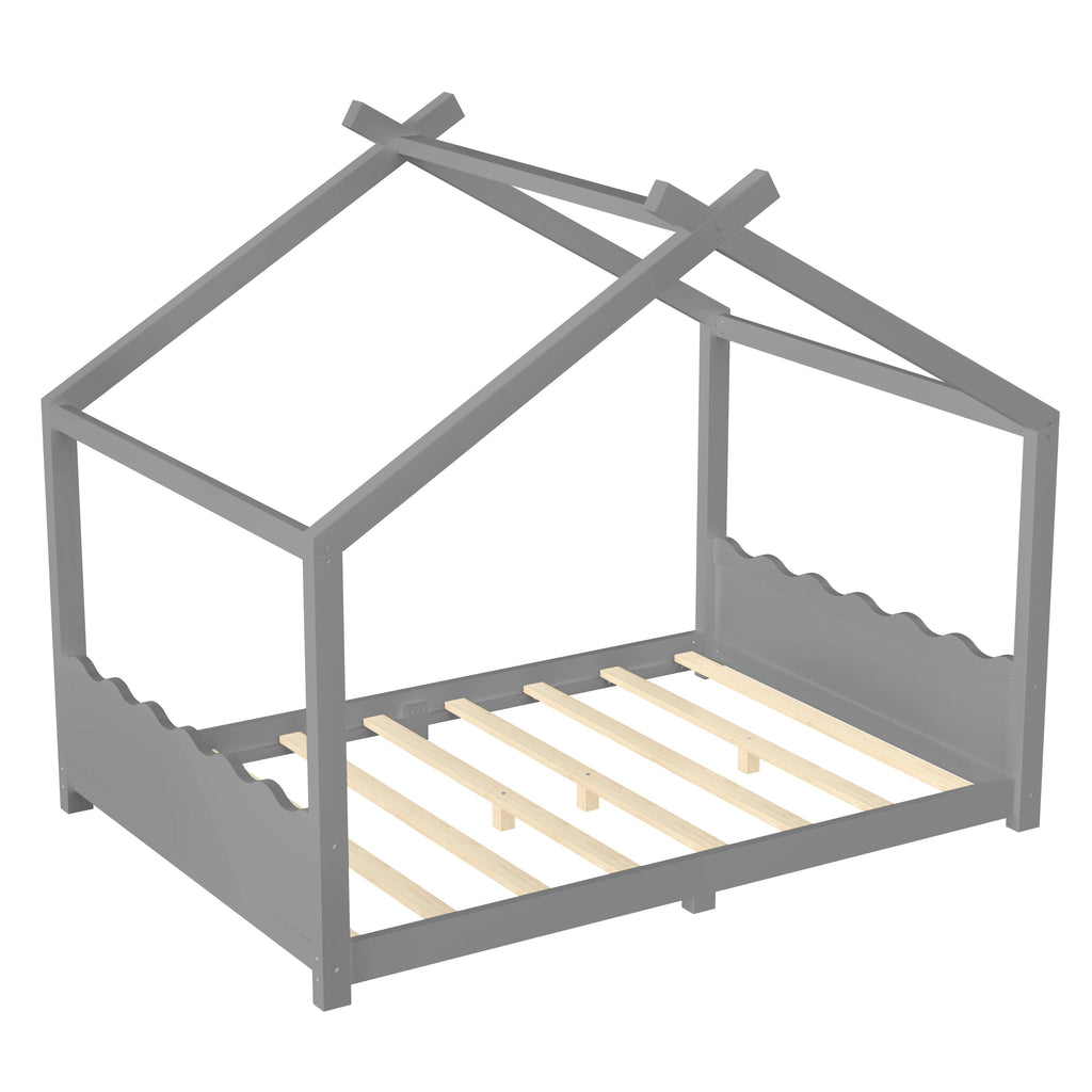 Full House Floor Bed with Support Slats, Solid Wood House Bed Frame for Kids, No Box Spring Needed and Opening Constructure, Gray