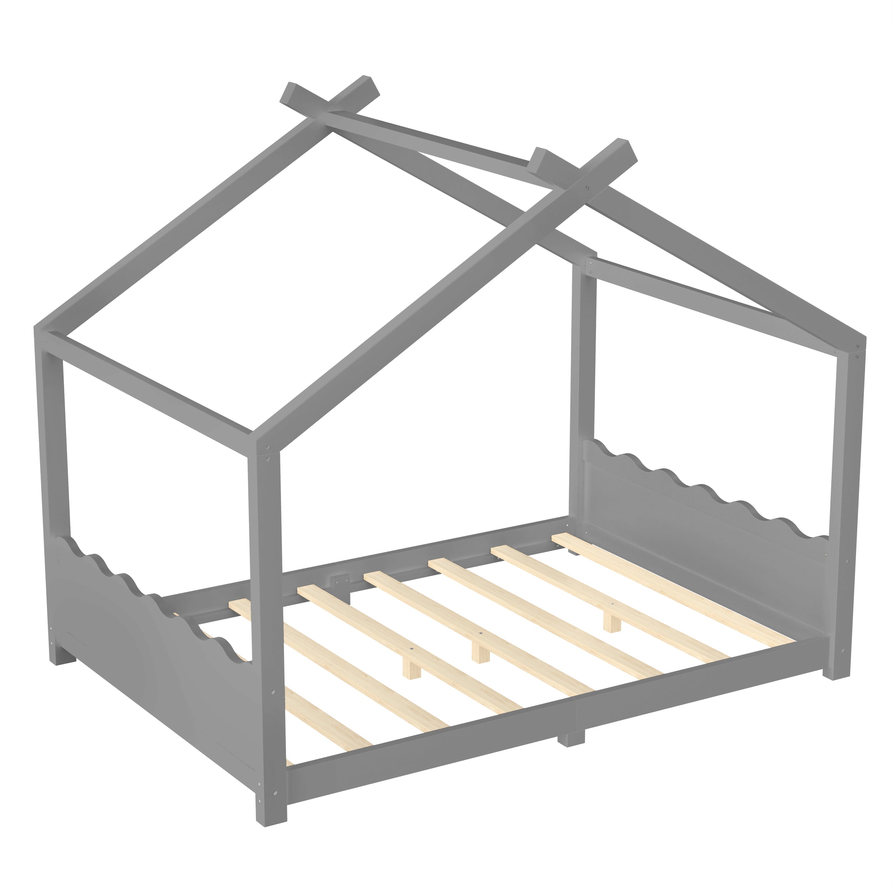 Full House Floor Bed with Support Slats, Solid Wood House Bed Frame for Kids, No Box Spring Needed and Opening Constructure, Gray