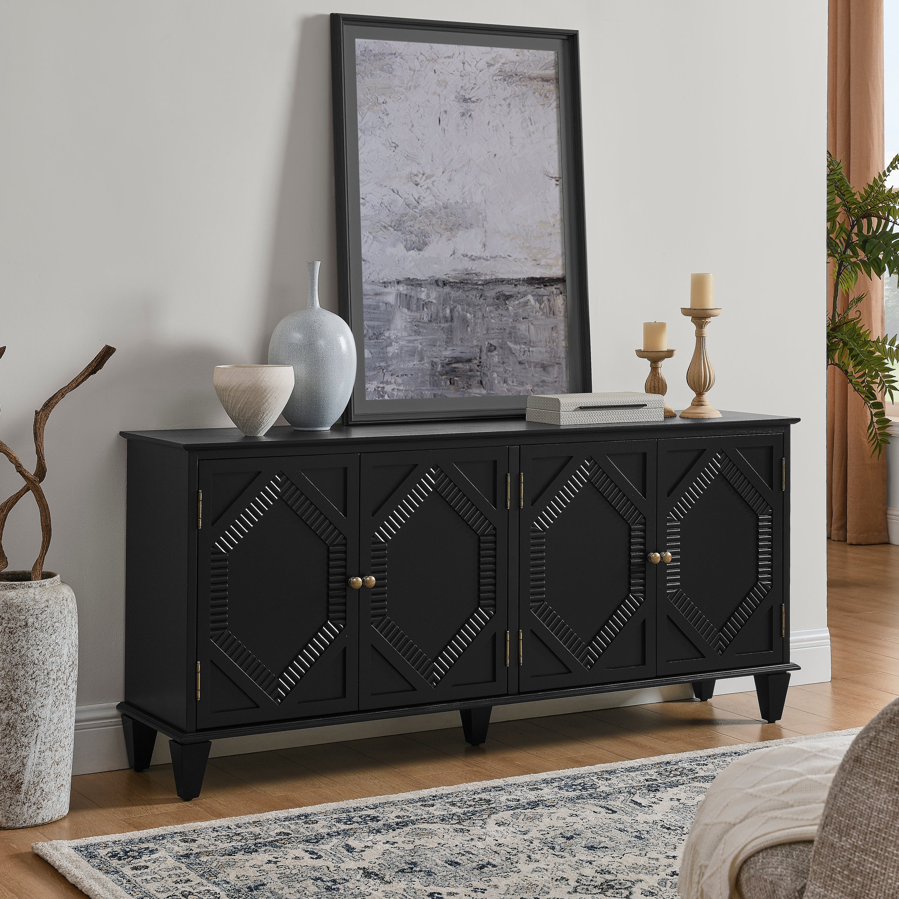 65.2' Mid Century Modern Sideboard Buffet Cabinet with Storage, Symmetrical Geometric Accent Coffee Bar Wine Bar Storage Cabinet, Large Console Table for Living Room/Entryway/Kitchen, Black