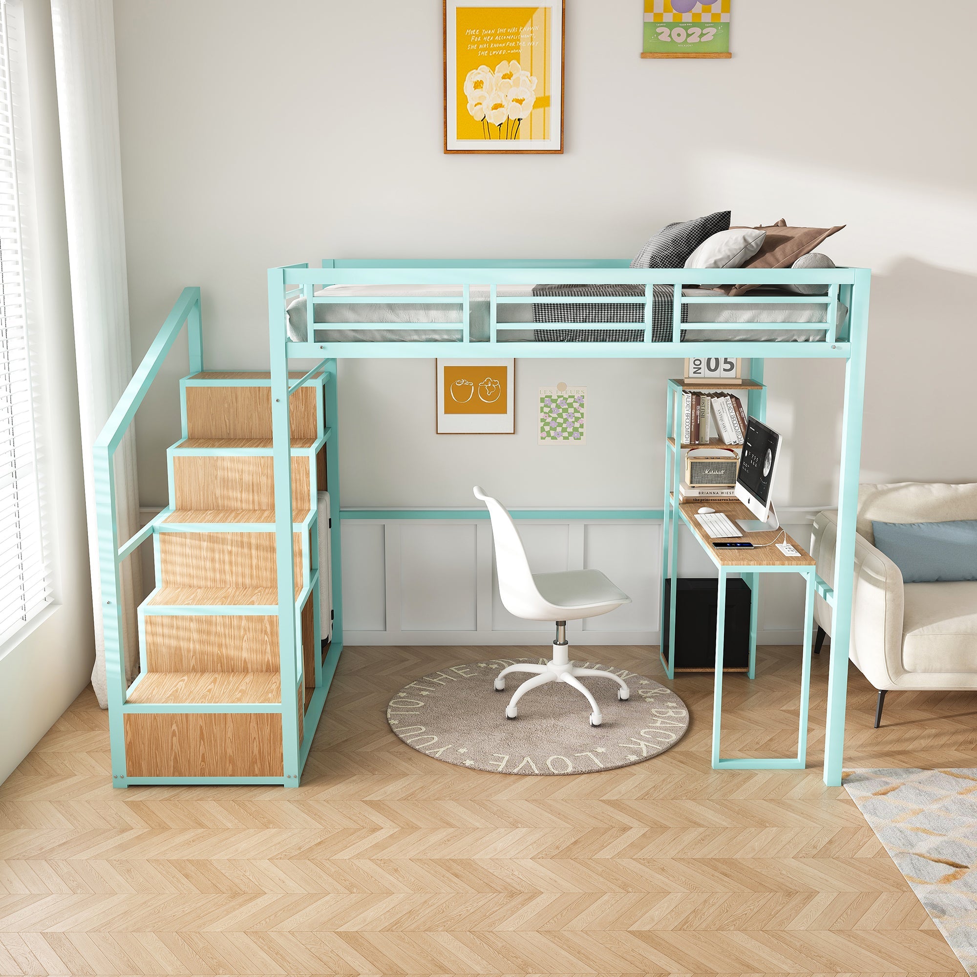 Heavy Metal Frame Full Loft Bed with Desk & Storage, 4 Cabinets, Staircase, Rack Space-Saver for Kids/Teens, Green Color