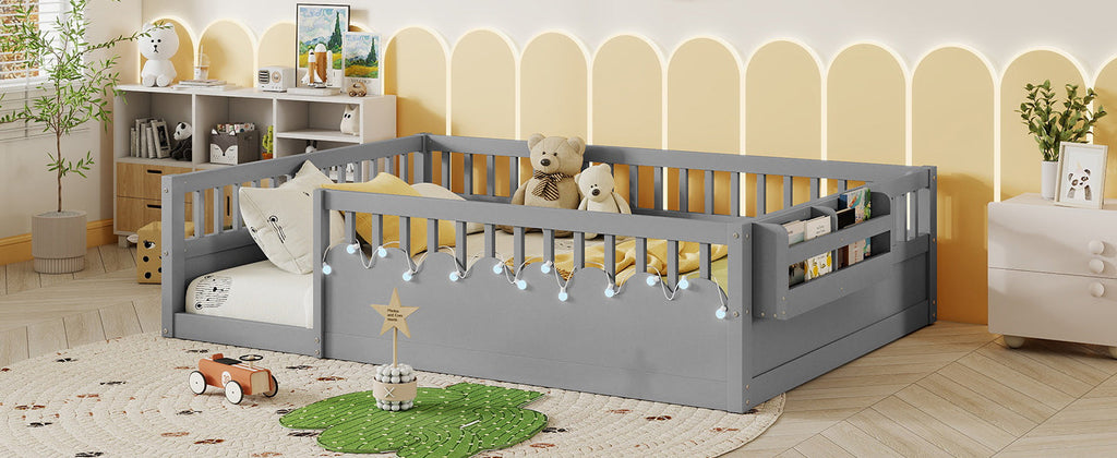 Full Montessori Floor Bed Frame with High Rails, Wood Kids Floor Beds with Light and Storage Shelf, Gray(Expect Arrival Date 2025/8/15)
