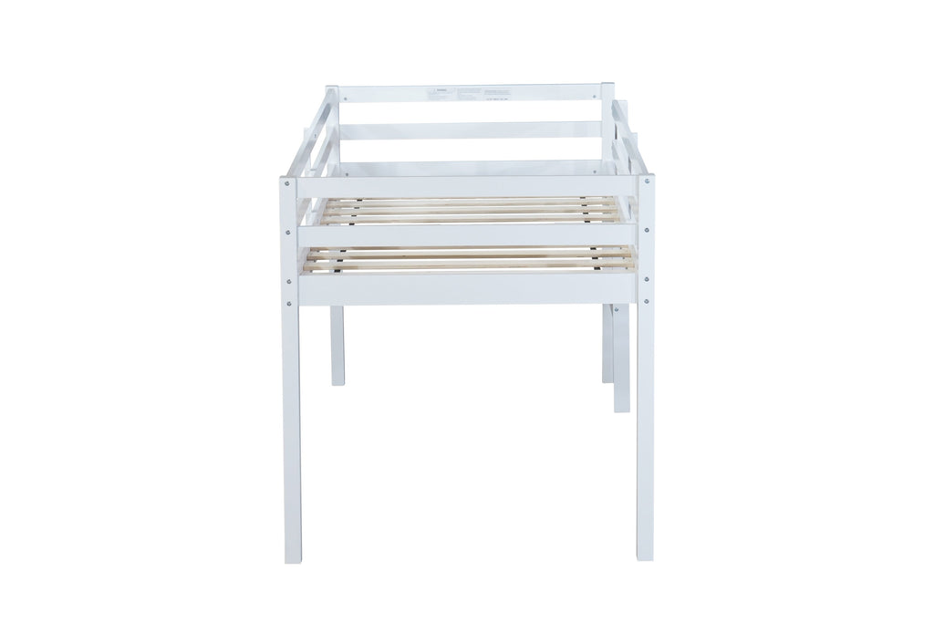 Solid Wooden, Rubber Wooden Twin Loft Bed with Ladder, Bed Platform of Strengthened Slats , White