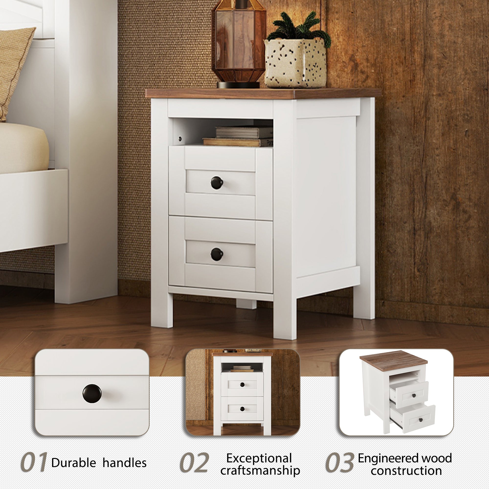 3-Pieces Bedroom Sets Queen Size  Farmhouse Platform Bed with Double Sliding Door Storage Headboard, Storage Nightstand and Dresser, White+Brown(Old SKU HL000092AAK)