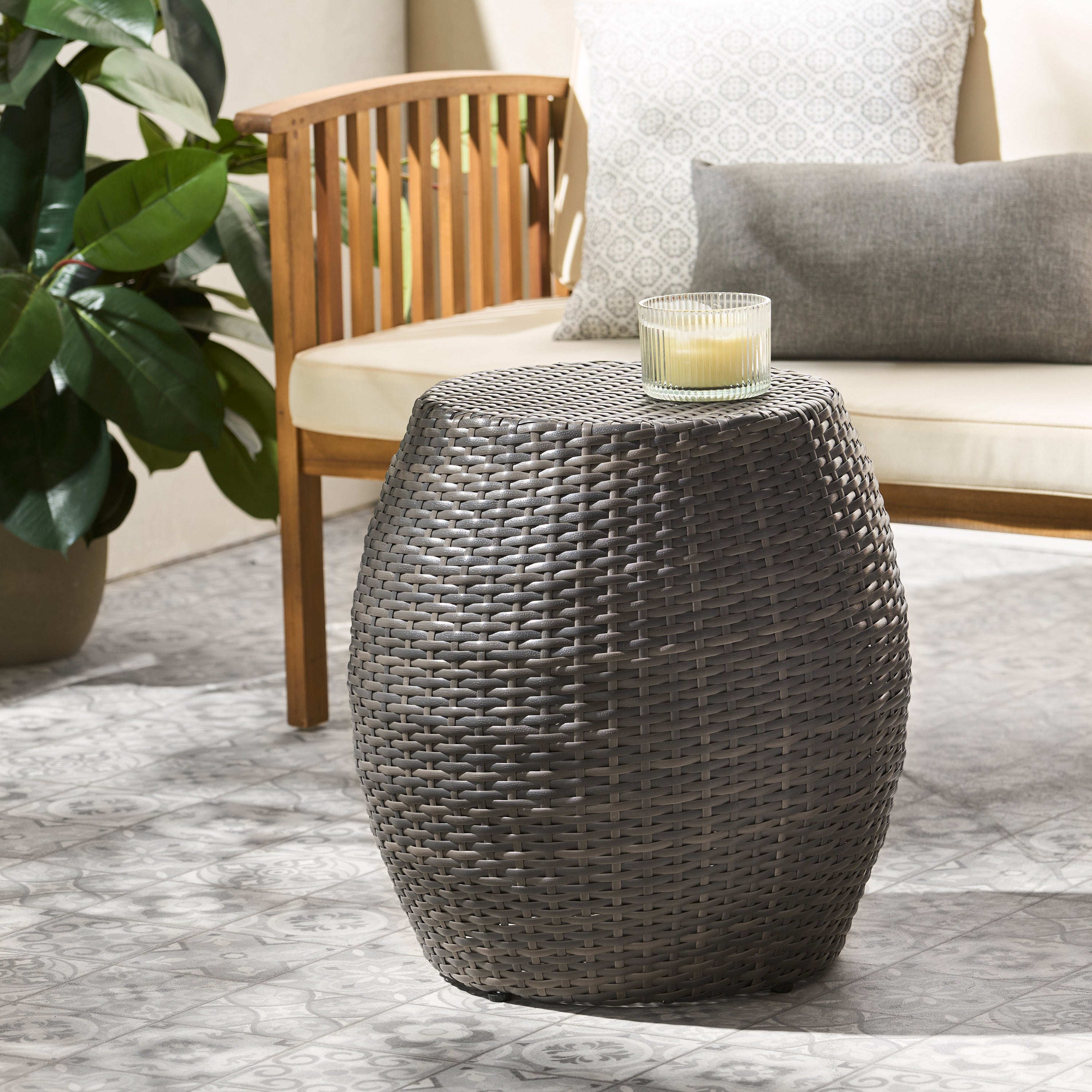 Outdoor Wicker Patio Side Table with Durable Polyethylene Frame in Grey, 20'' H x 19.25'' W