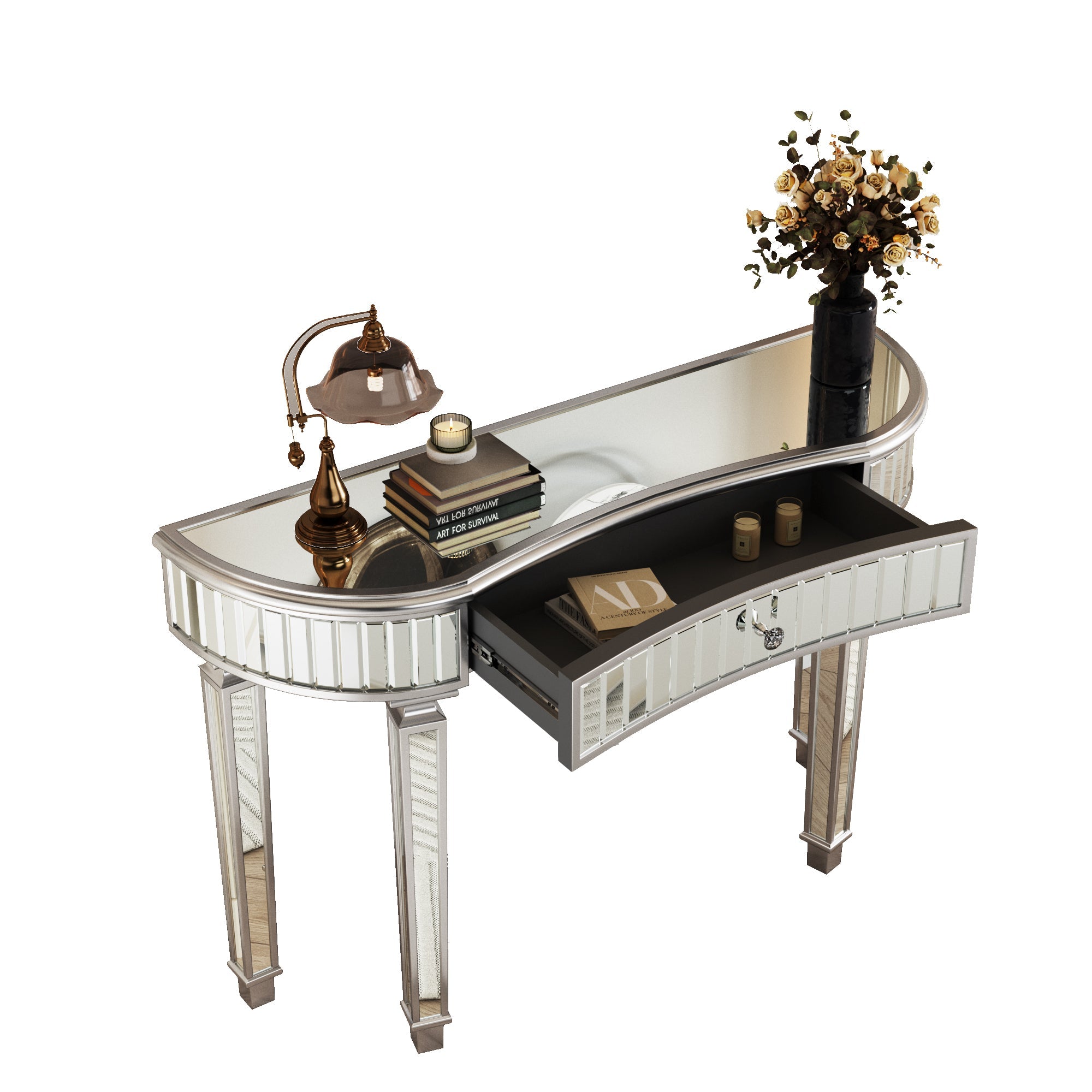 47' Half-Moon Mirrored Console Table with Fluted Glass & Crystal Knob Drawer - Silver Entryway Vanity Desk for Bedroom/Dressing Room(Grey+Sliver)