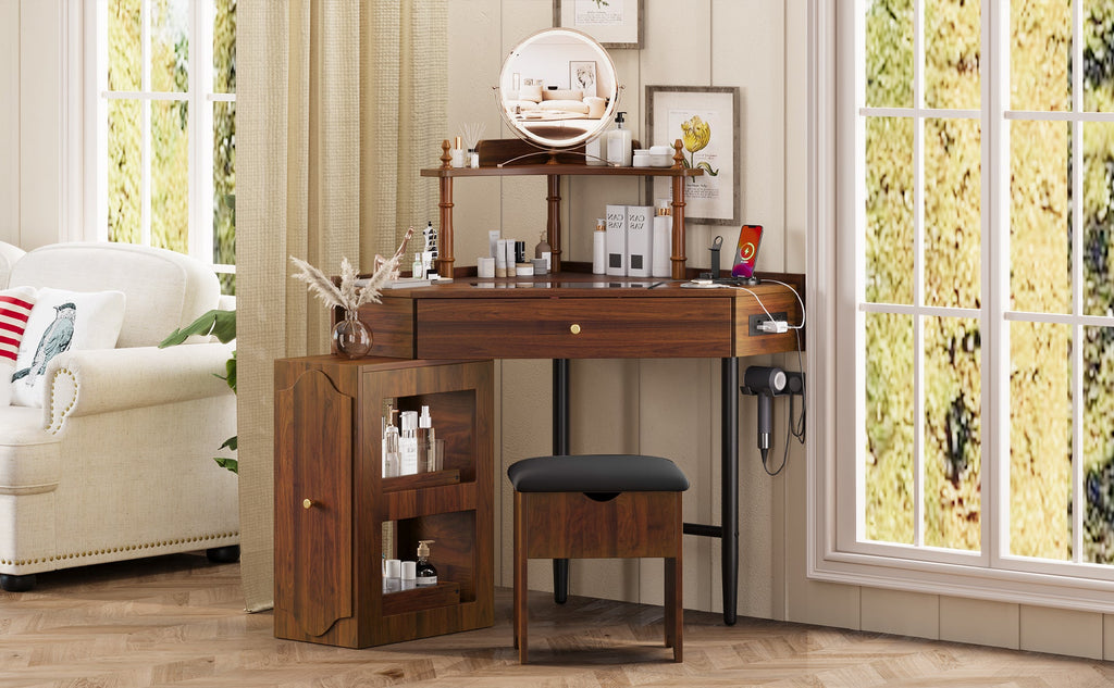 Corner Vanity Desk Set with Storage Cushioned Stool and Charging Station, Triangle Makeup Desk with Removable Pull-Out Side Cabinet, Glass Tabletop Makeup Vanity Desk with Drawer and Shelf, Walnut