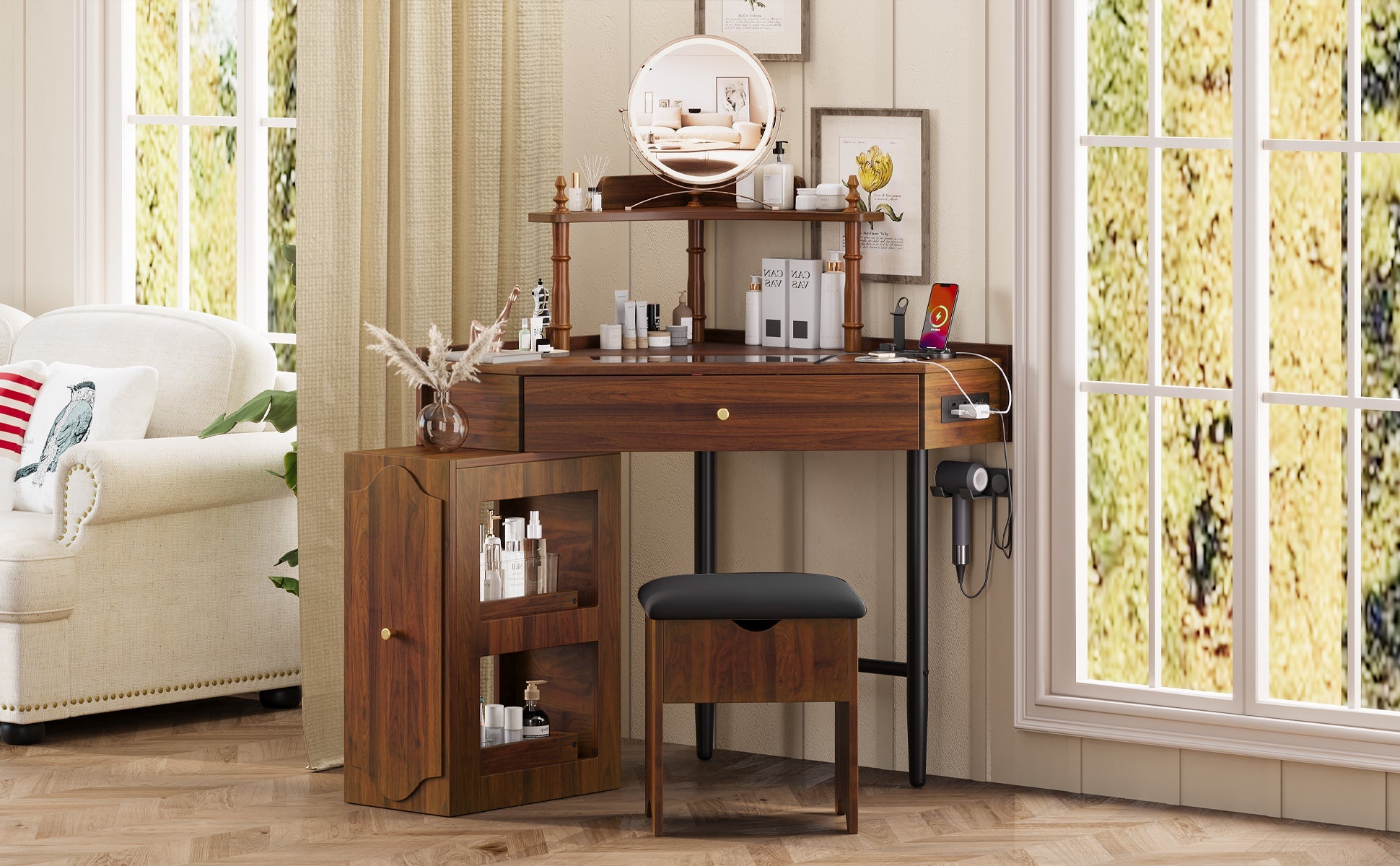 Corner Vanity Desk Set with Storage Cushioned Stool and Charging Station, Triangle Makeup Desk with Removable Pull-Out Side Cabinet, Glass Tabletop Makeup Vanity Desk with Drawer and Shelf, Walnut