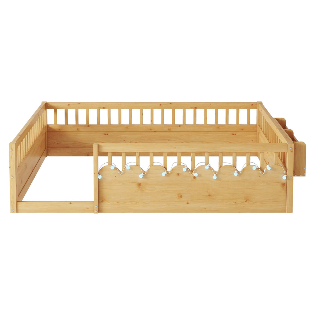 Full Montessori Floor Bed Frame with High Rails, Wood Kids Floor Beds with Light and Storage Shelf, Natural (Expect Arrival Date 2025/8/15)