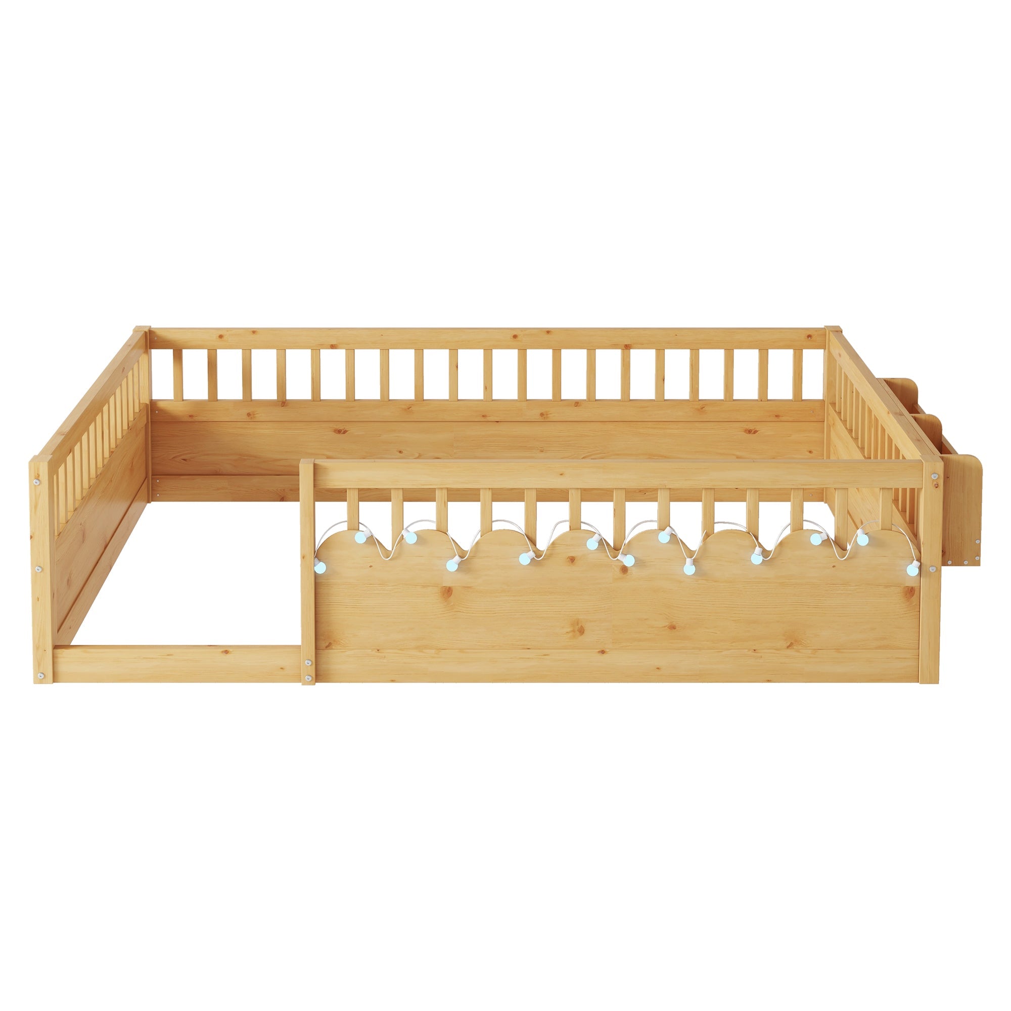 Full Montessori Floor Bed Frame with High Rails, Wood Kids Floor Beds with Light and Storage Shelf, Natural (Expect Arrival Date 2025/8/15)