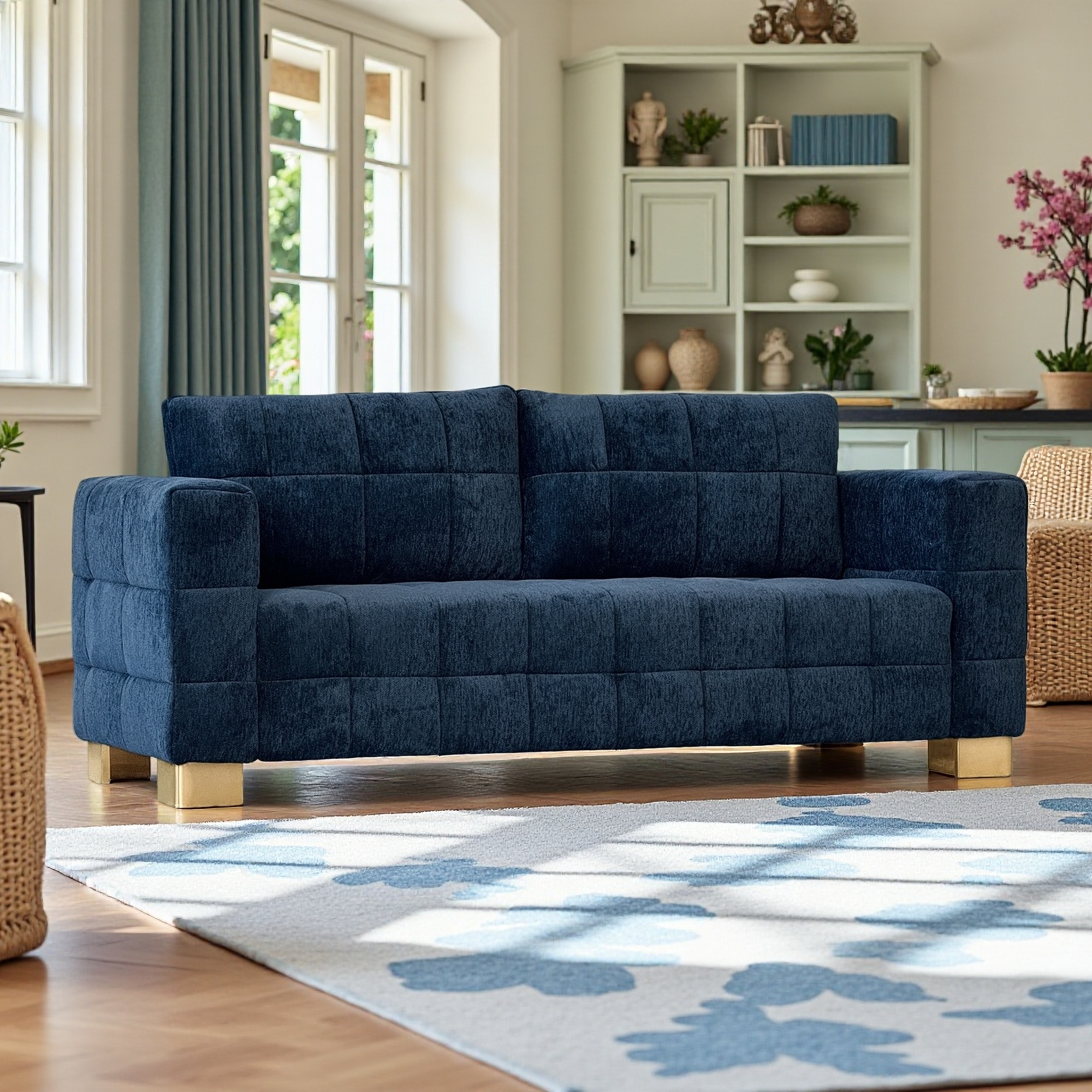 FX-P54-RB SOFA  Retro Blue Chenille Upholstered Couch, Wide-Arm 3-Seater with Custom Stainless-Steel Legs & Tufted Seat  Modern Living Room Sofa for Comfort & Style