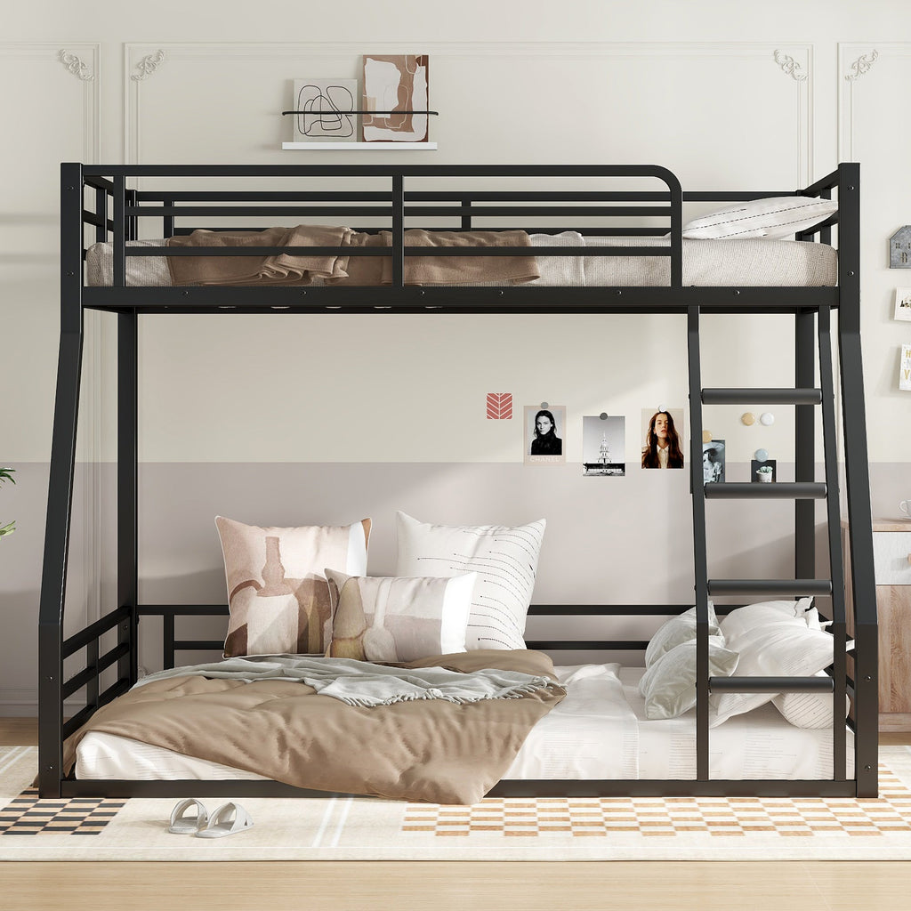 Metal Bunk Bed, Twin over Full Floor Bunk Bed Frame,Heavy-Duty Bunk Bed for Kids, Teens, Adults, Noise-reduced Design, Black