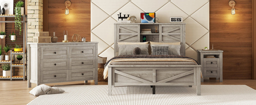 3-Pieces Bedroom Sets Full Size Farmhouse Platform Bed with Double Sliding Door Storage Headboard and Charging Station, Storage Nightstand and Dresser, Antique Gray(Old SKU HL000091AAG)
