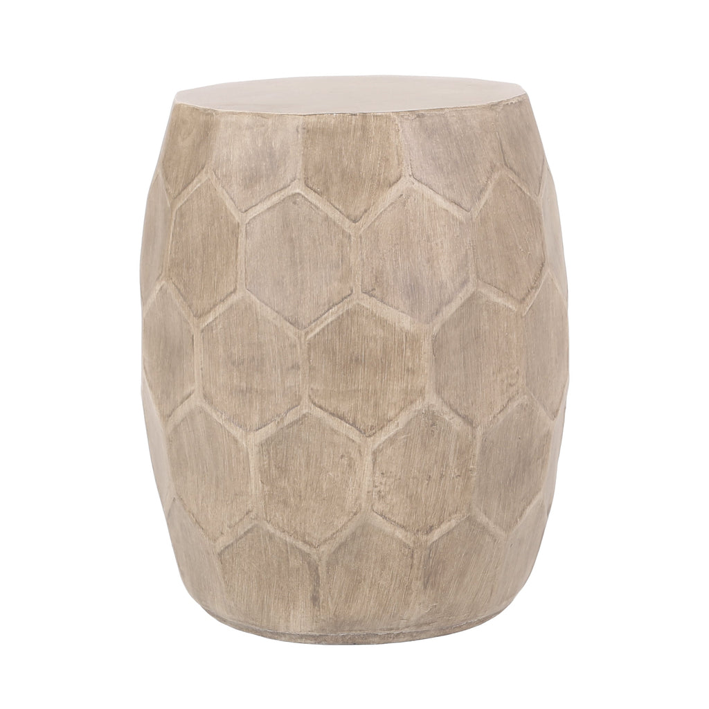 Boho Outdoor Lightweight Concrete Side Table with Honeycomb Pattern in Natural Finish, Magnesium Oxide, 15.25 x 15.25 x 18.25 inches