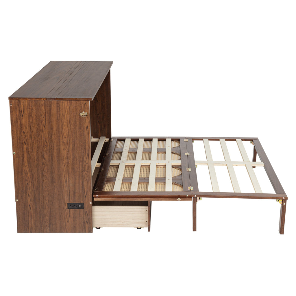 Queen Size Murphy Bed, Pine Wood Cabinet Bed with Power Station and Rattan Decoration Panel,Walnut