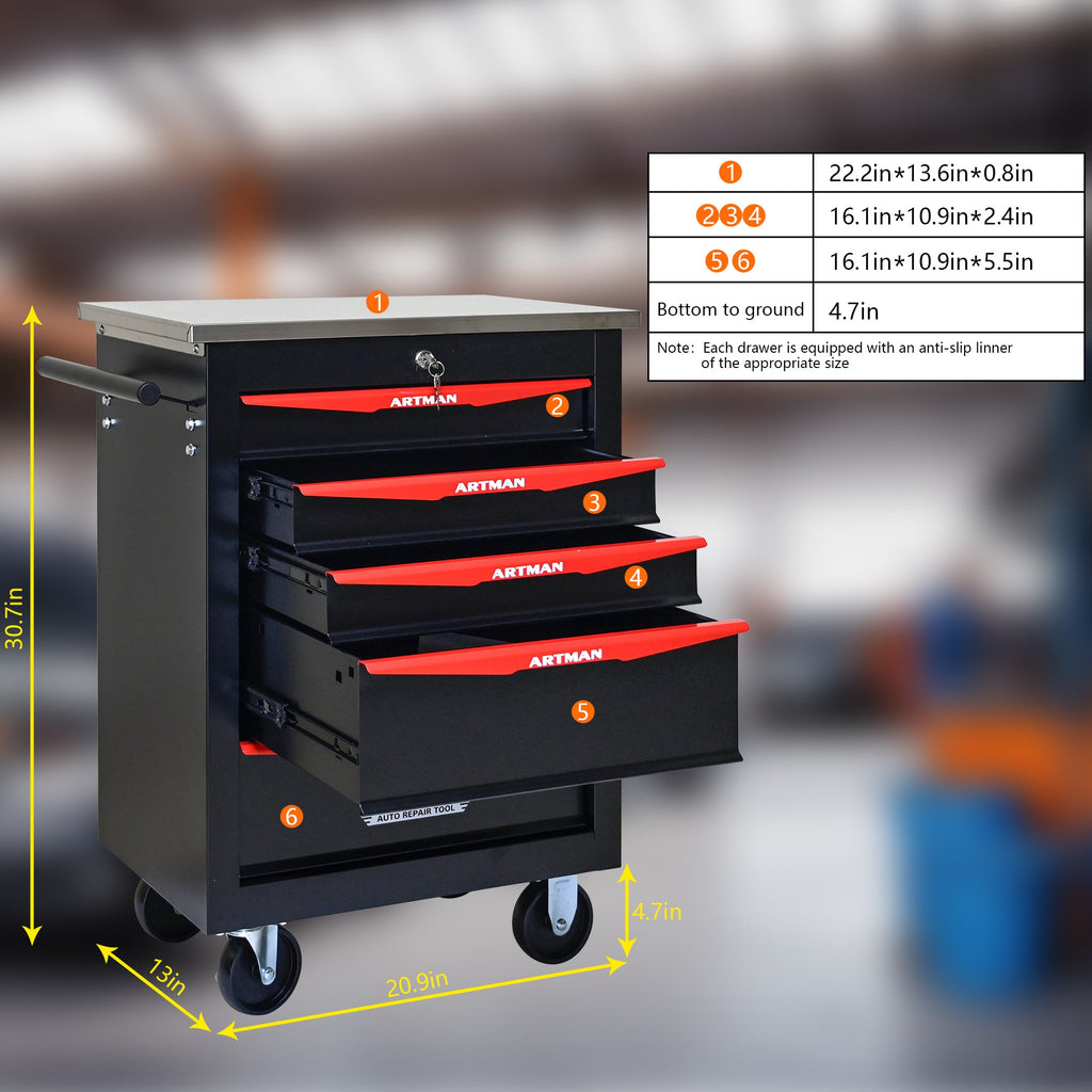 5-Drawer Multifunctional Tool Cart with Wheels, Metal Rolling Tool Cart Storage for Garage Workshop Warehouse Repair Shop - with Stainless Steel Roof - Black & Red
