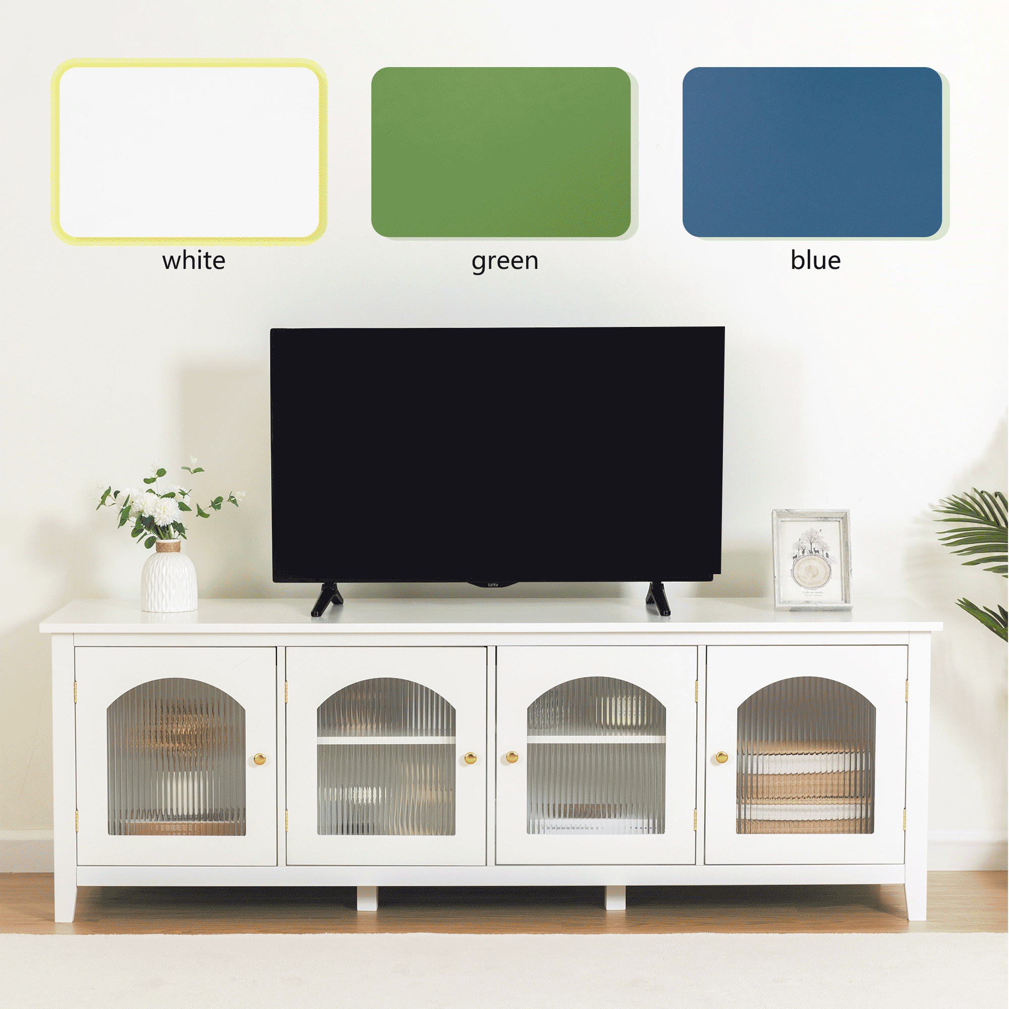 Stylish Antique Green TV Cabinet with Solid Wood Frame and Changhong Glass Door, 71-inch