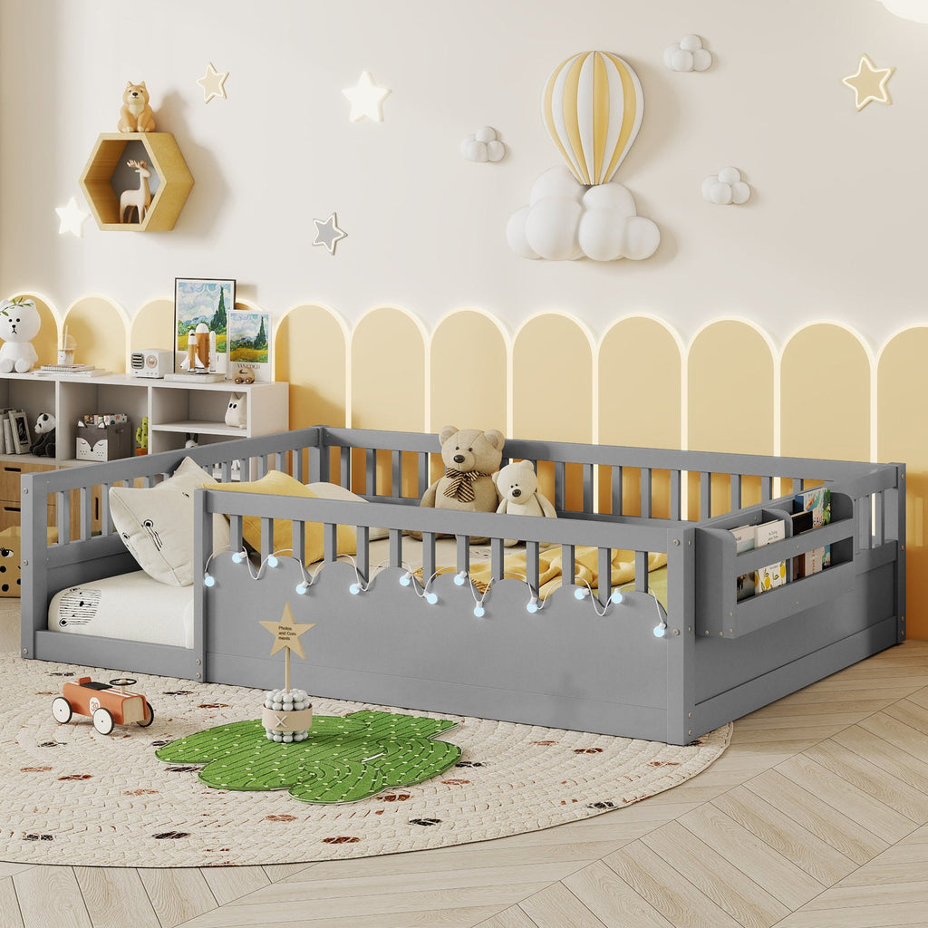 Full Montessori Floor Bed Frame with High Rails, Wood Kids Floor Beds with Light and Storage Shelf, Gray(Expect Arrival Date 2025/8/15)