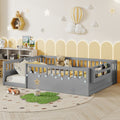 Full Montessori Floor Bed Frame with High Rails, Wood Kids Floor Beds with Light and Storage Shelf, Gray(Expect Arrival Date 2025/8/15)