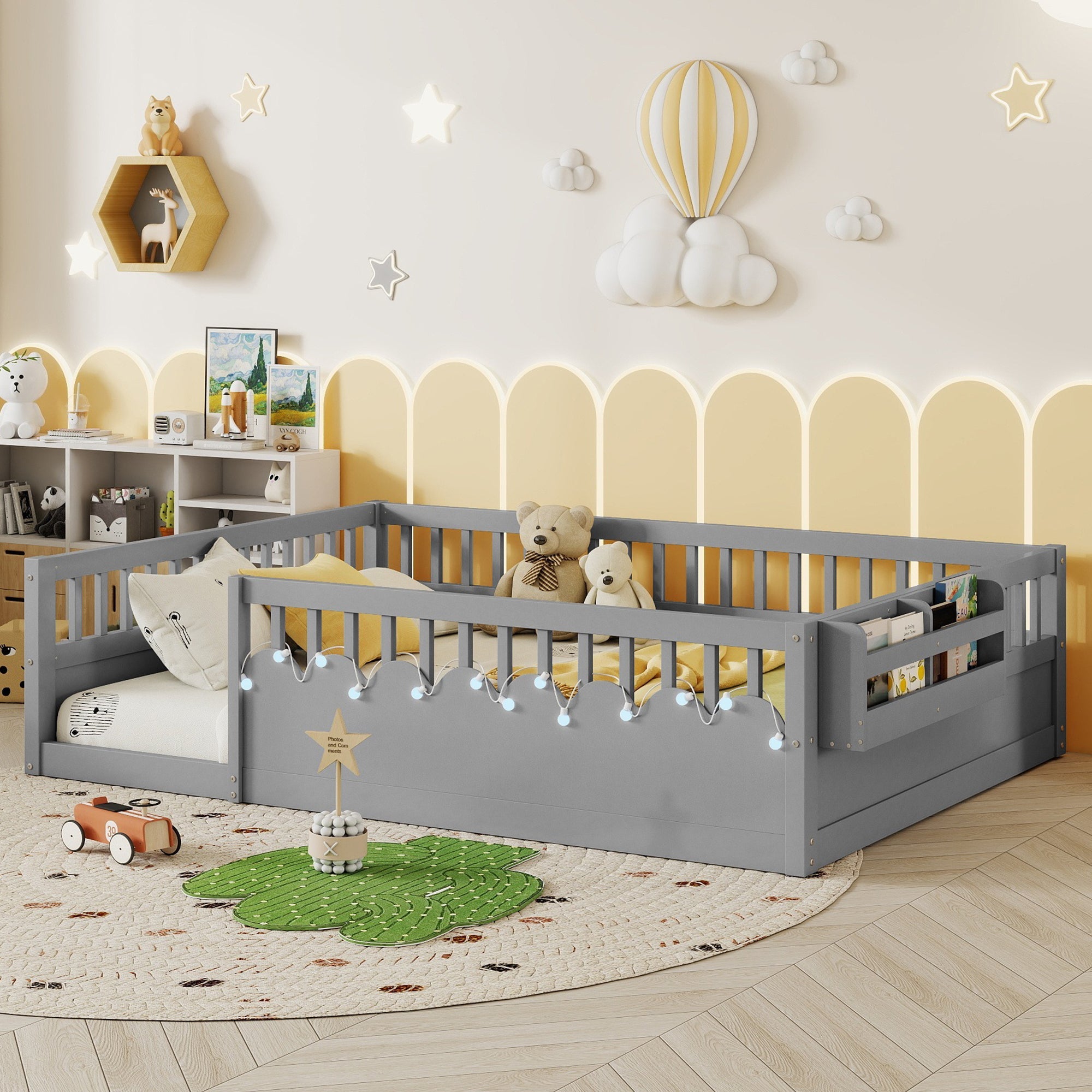 Full Montessori Floor Bed Frame with High Rails, Wood Kids Floor Beds with Light and Storage Shelf, Gray(Expect Arrival Date 2025/8/15)