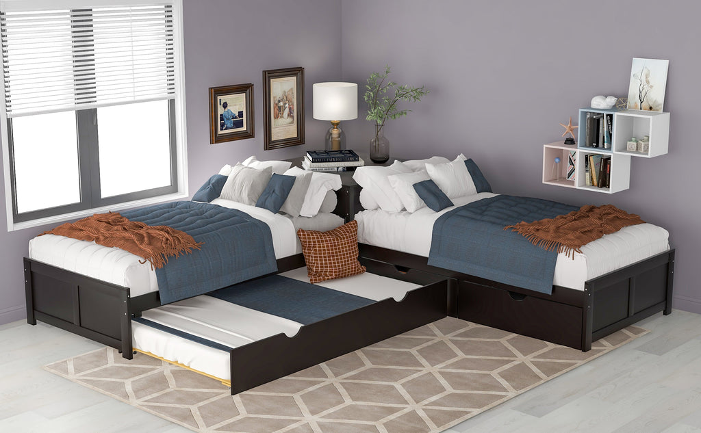 L-shaped Platform Bed with Trundle and Drawers Linked with built-in Desk,Twin,Espresso(Old SKU:SM000916AAP)