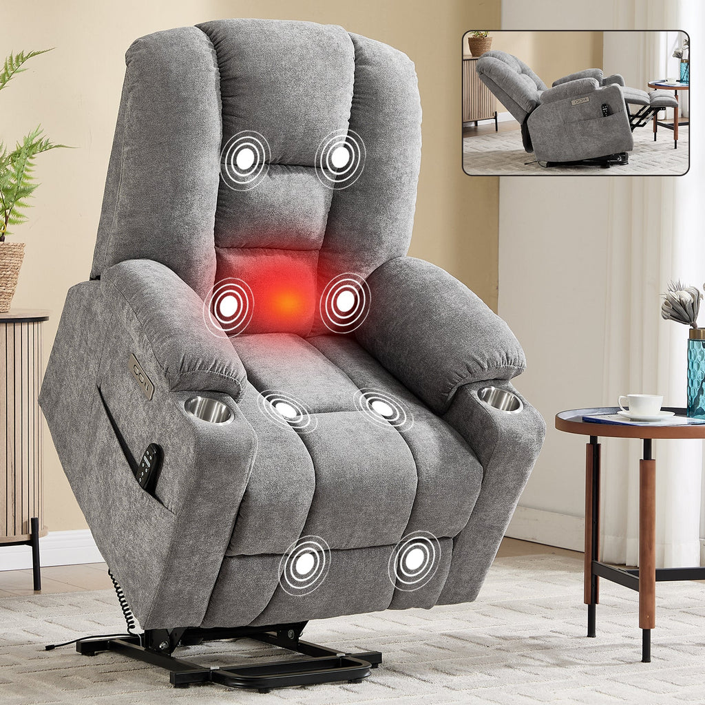 Power Lift Recliner Chair with Massage and Heat for Elderly, Overstuffed Wide Recliners, Heavy Duty Motion Mechanism with USB and Type C Ports, 2 Steel Cup Holders, Light Grey