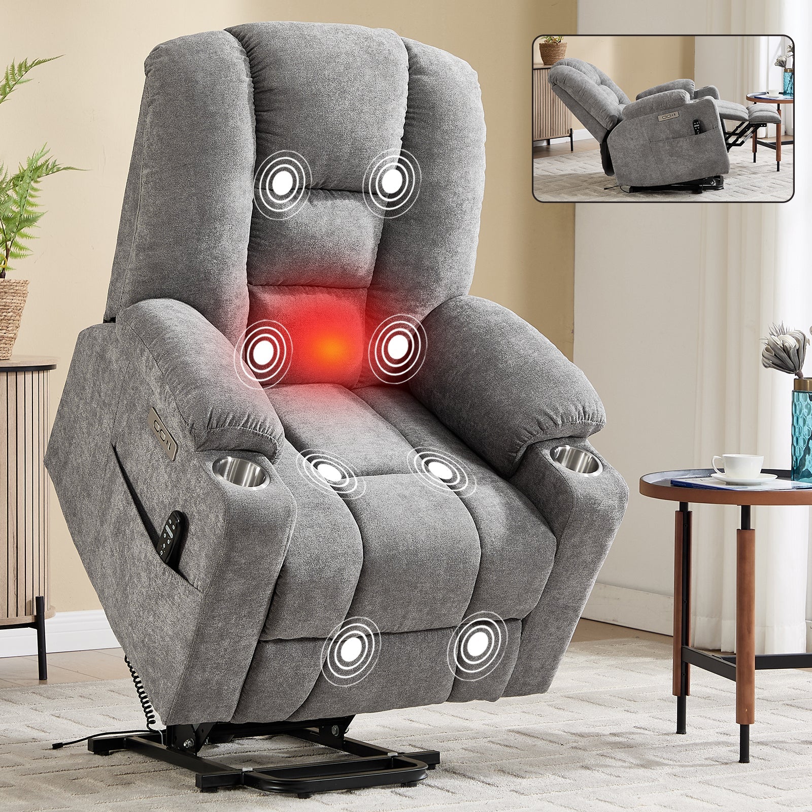 Power Lift Recliner Chair with Massage and Heat for Elderly, Overstuffed Wide Recliners, Heavy Duty Motion Mechanism with USB and Type C Ports, 2 Steel Cup Holders, Light Grey