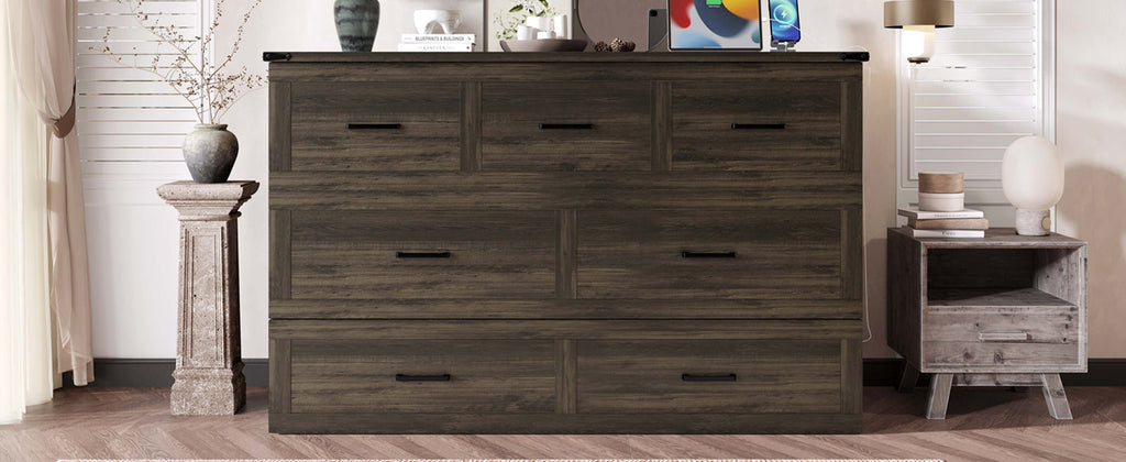 Murphy Bed Cabinet Queen Size with Charging Station, Multi-Functional Foldable Platform Bed with 1 Large Storage Drawer for Guest Room, Small Bedroom, Rustic Gray