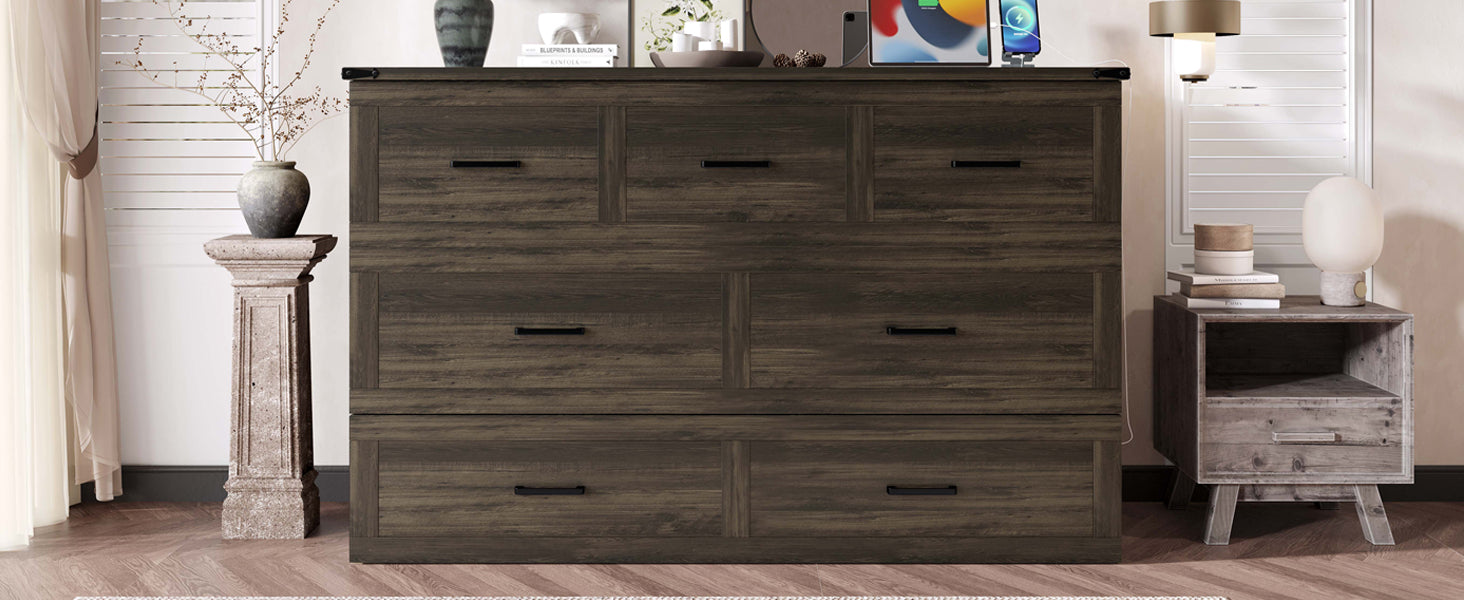 Murphy Bed Cabinet Queen Size with Charging Station, Multi-Functional Foldable Platform Bed with 1 Large Storage Drawer for Guest Room, Small Bedroom, Rustic Gray