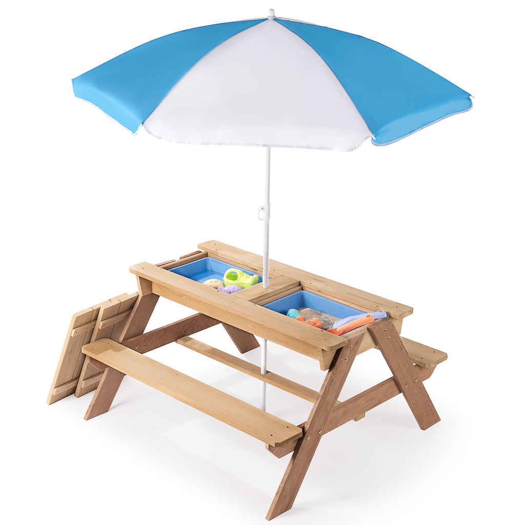 D-road 3-in-1 Kids Outdoor Wooden Picnic Table with Adjustable Umbrella and Convertible Sand & Water Activity, Gray, Solid Cedar Wood