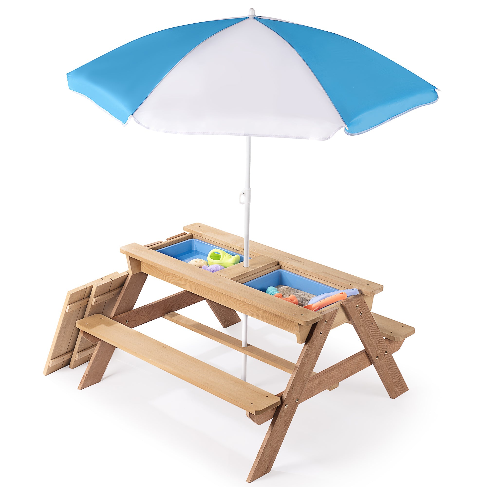 D-road 3-in-1 Kids Outdoor Wooden Picnic Table with Adjustable Umbrella and Convertible Sand & Water Activity, Gray, Solid Cedar Wood