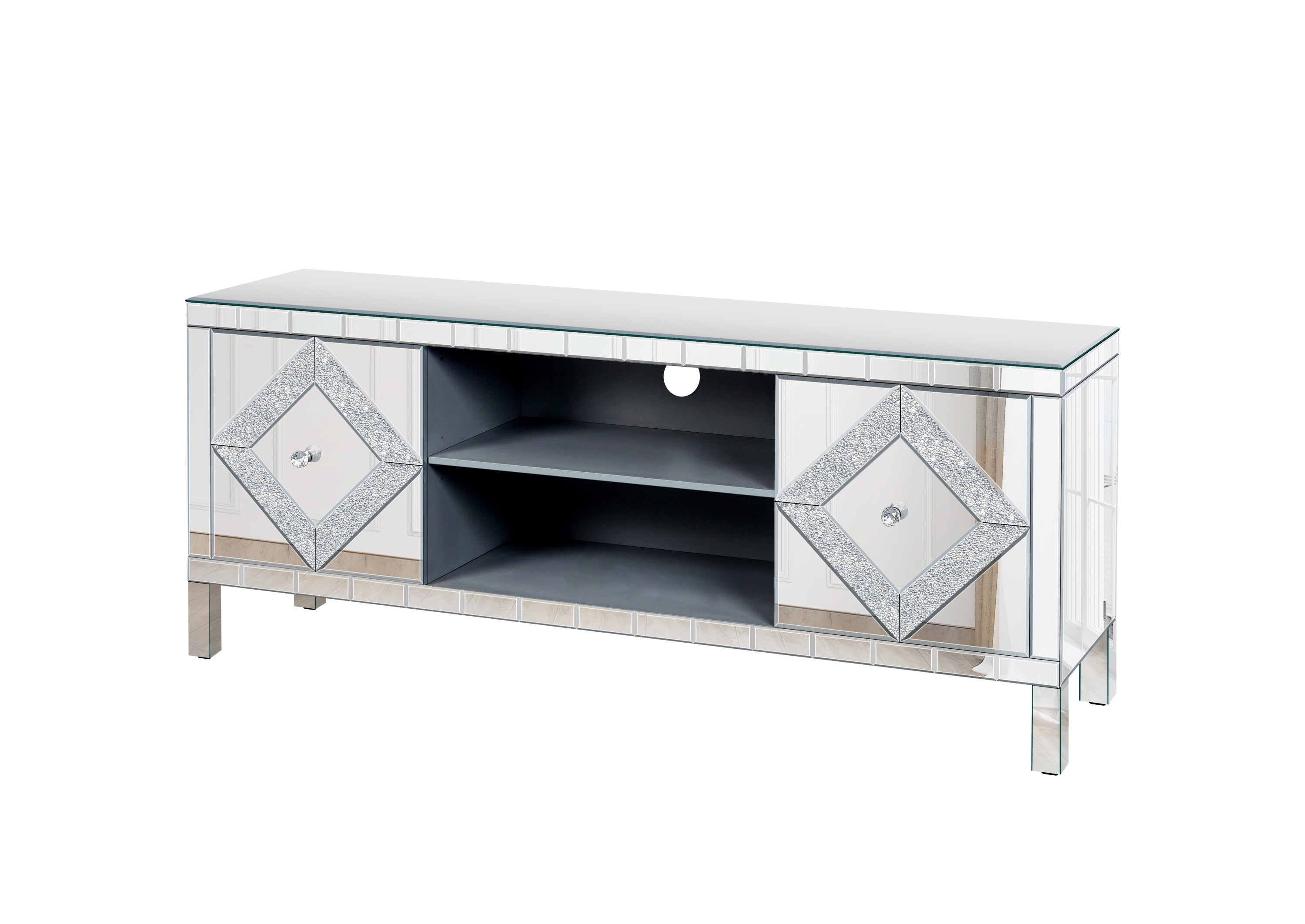 Mirrored TV Stand for 65+ inch TV,Sliver TV Console Table with Open Storage & 2 Storage Cabinets ,Diamond Shape Sparkling Mirror Doors for Living Room(59''W x 25.2''H x 15.7D)